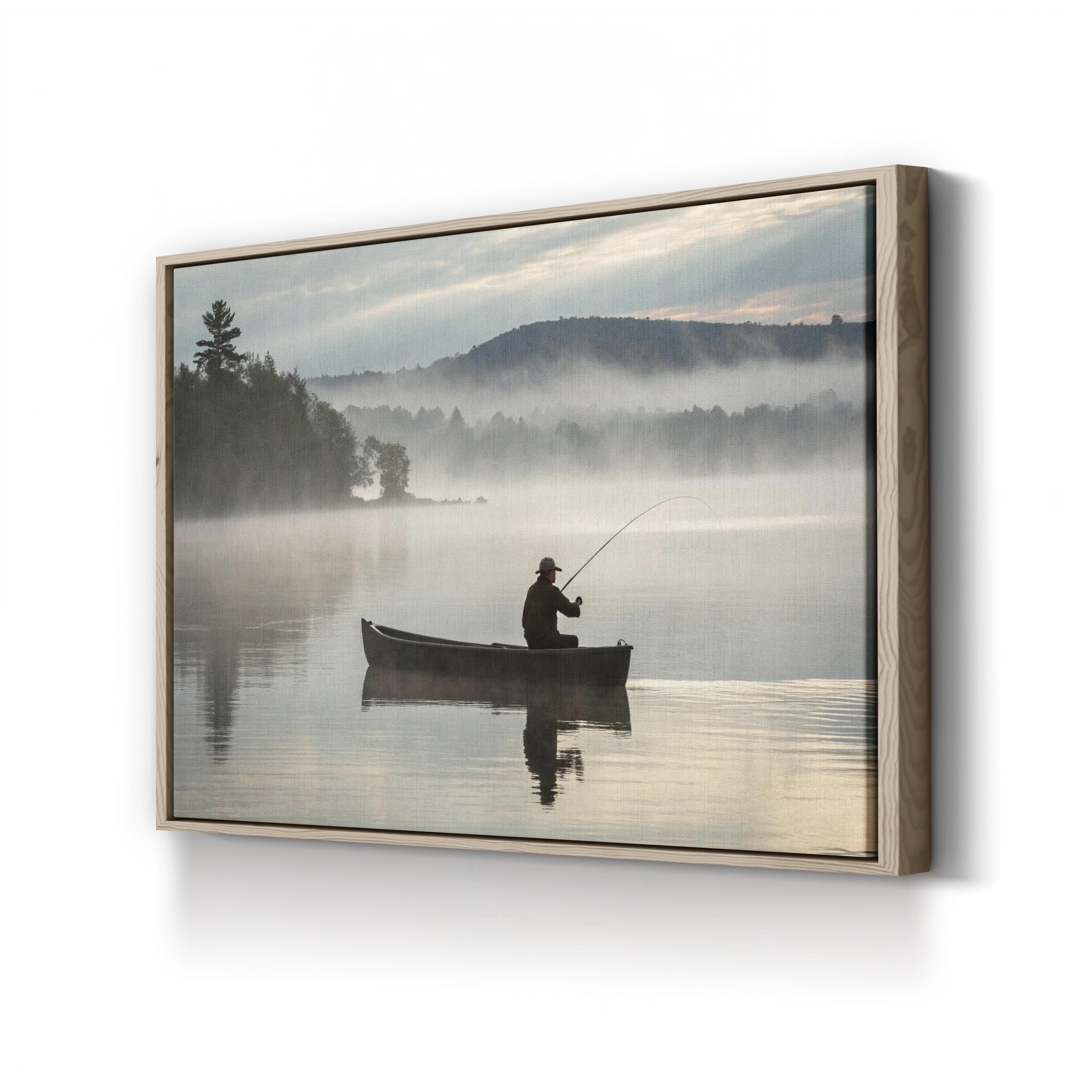 Misty Lake Fishing Boat — Serene Cabin Landscape Canvas Wall Art