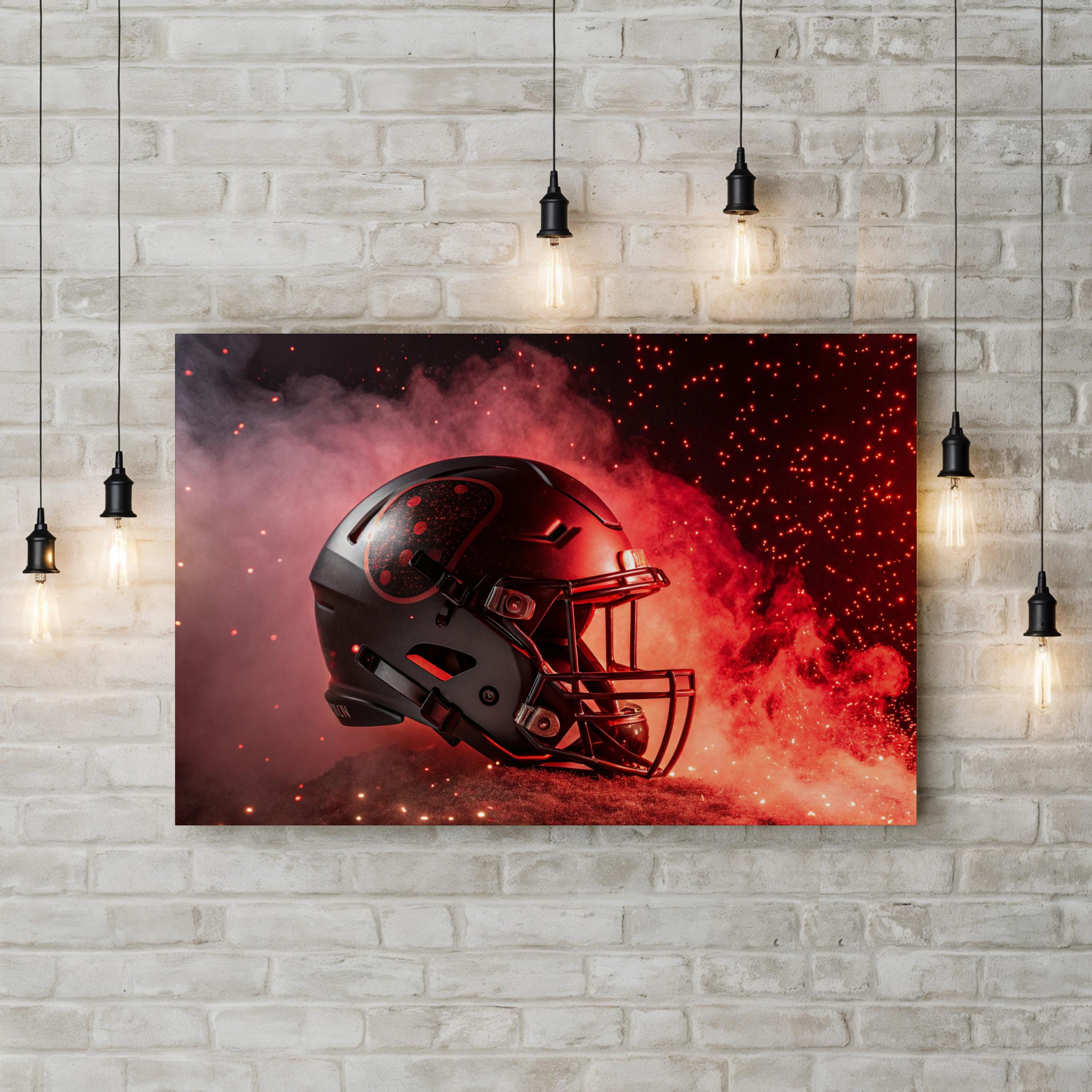 Red Football Helmet Flames – Period Illustration Wall Art | Sports Canvas Print