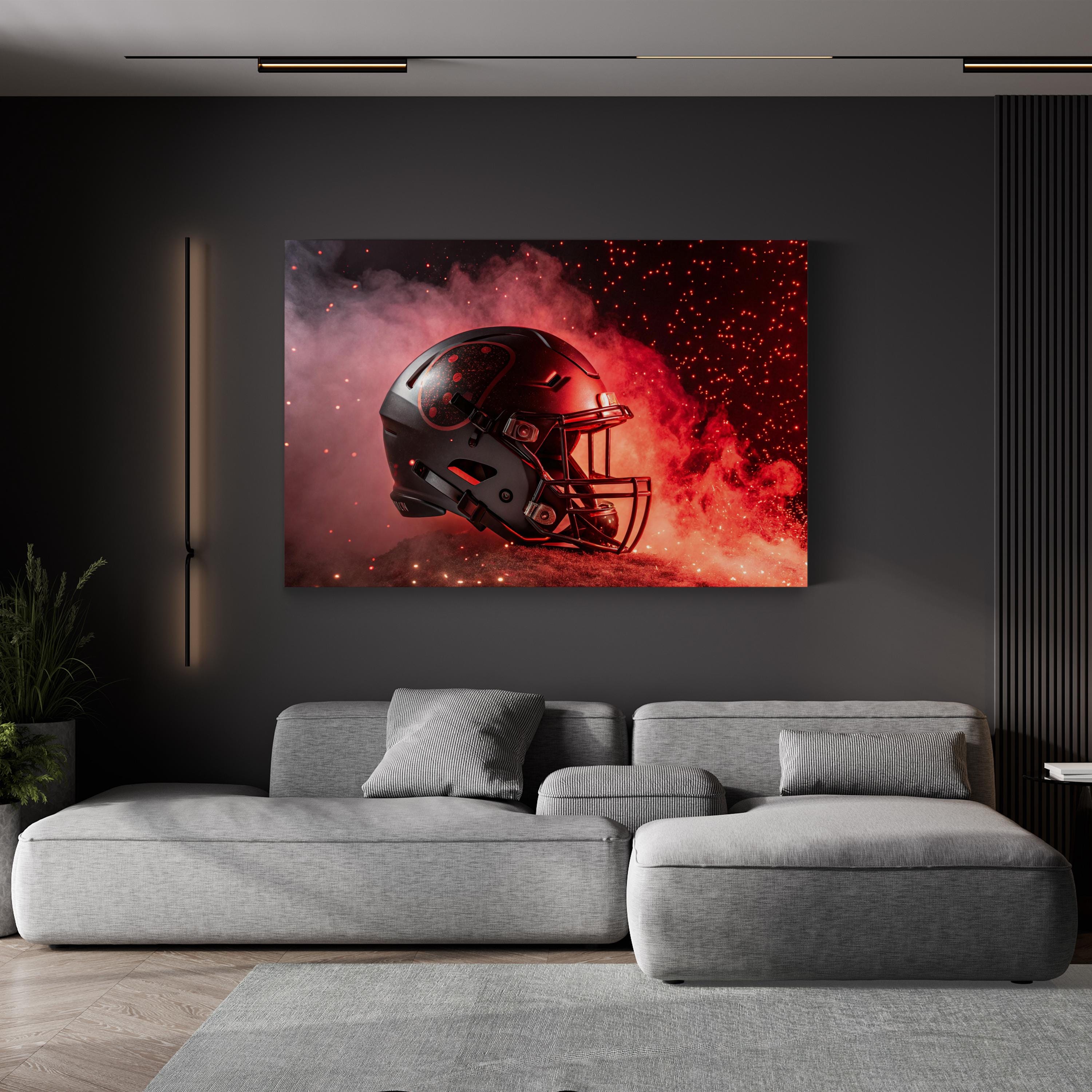 Red Football Helmet Flames – Period Illustration Wall Art | Sports Canvas Print