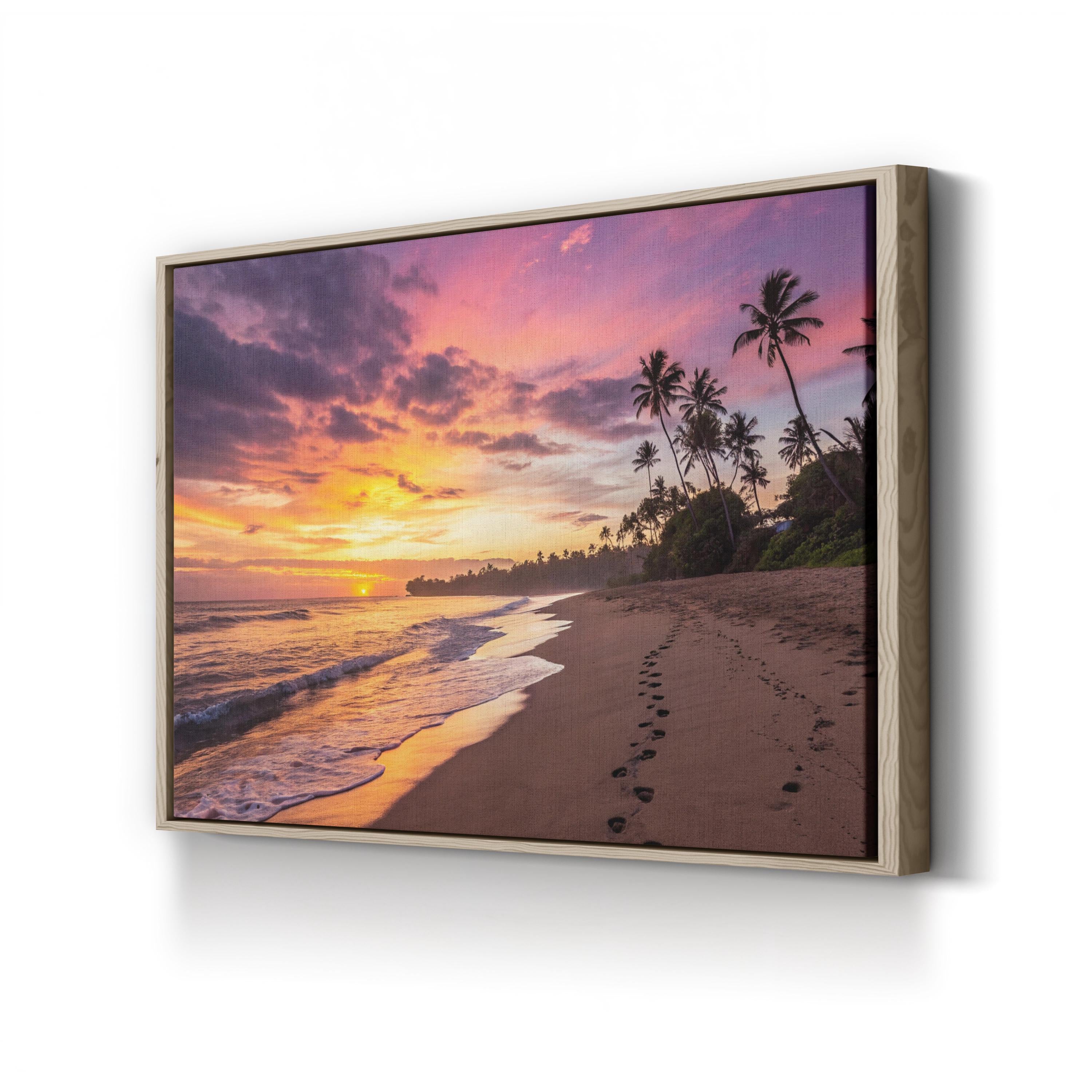 Sunset Beach Canvas Art – Footprints in Sand, Coastal Landscape Framed Print