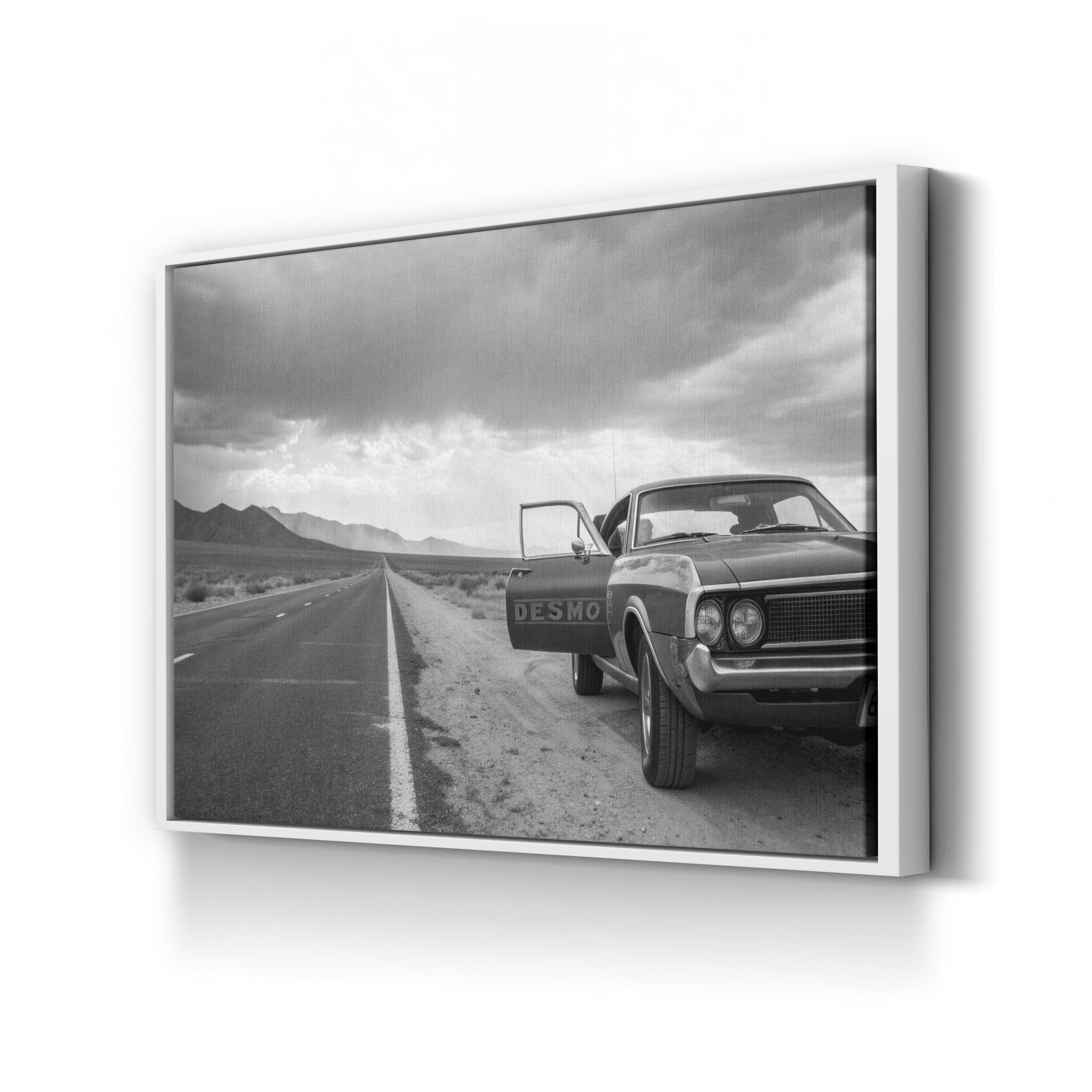 Vintage Car Open Road – Vintage Photography Wall Art | Black & White Landscape Canvas Print