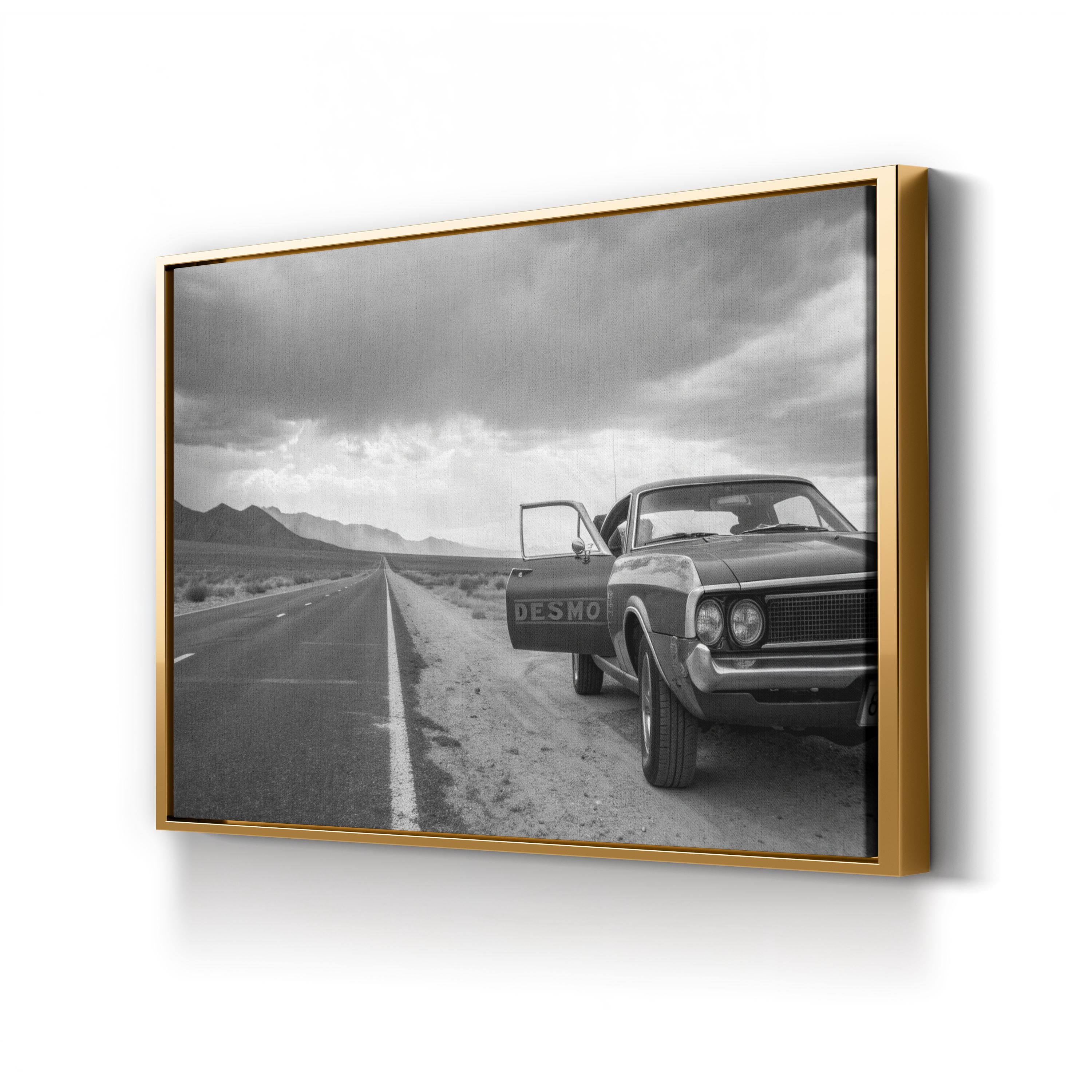 Vintage Car Open Road – Vintage Photography Wall Art | Black & White Landscape Canvas Print