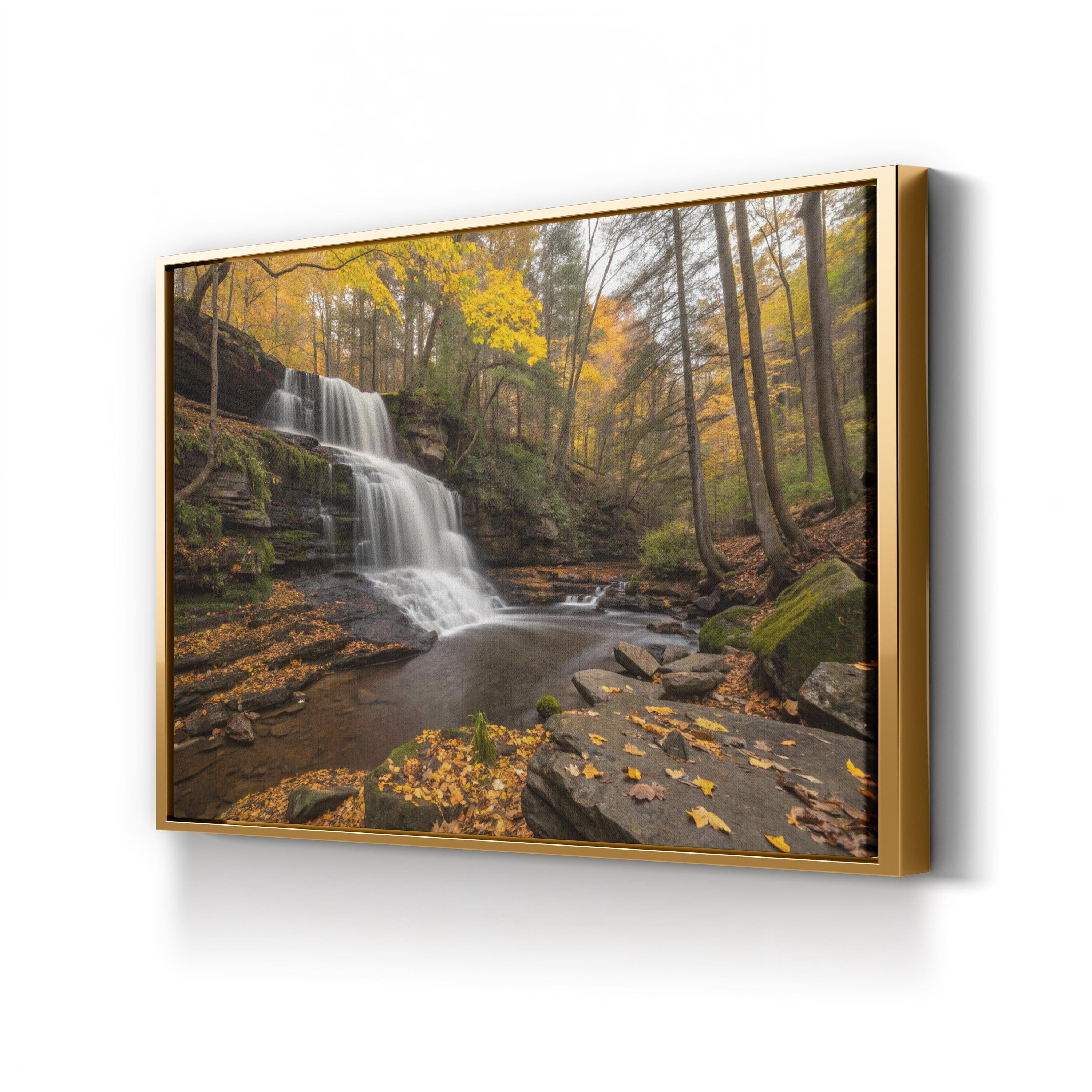 Autumn Waterfall Forest Scene – Vintage Photography Wall Art | Vibrant Fall Canvas Print