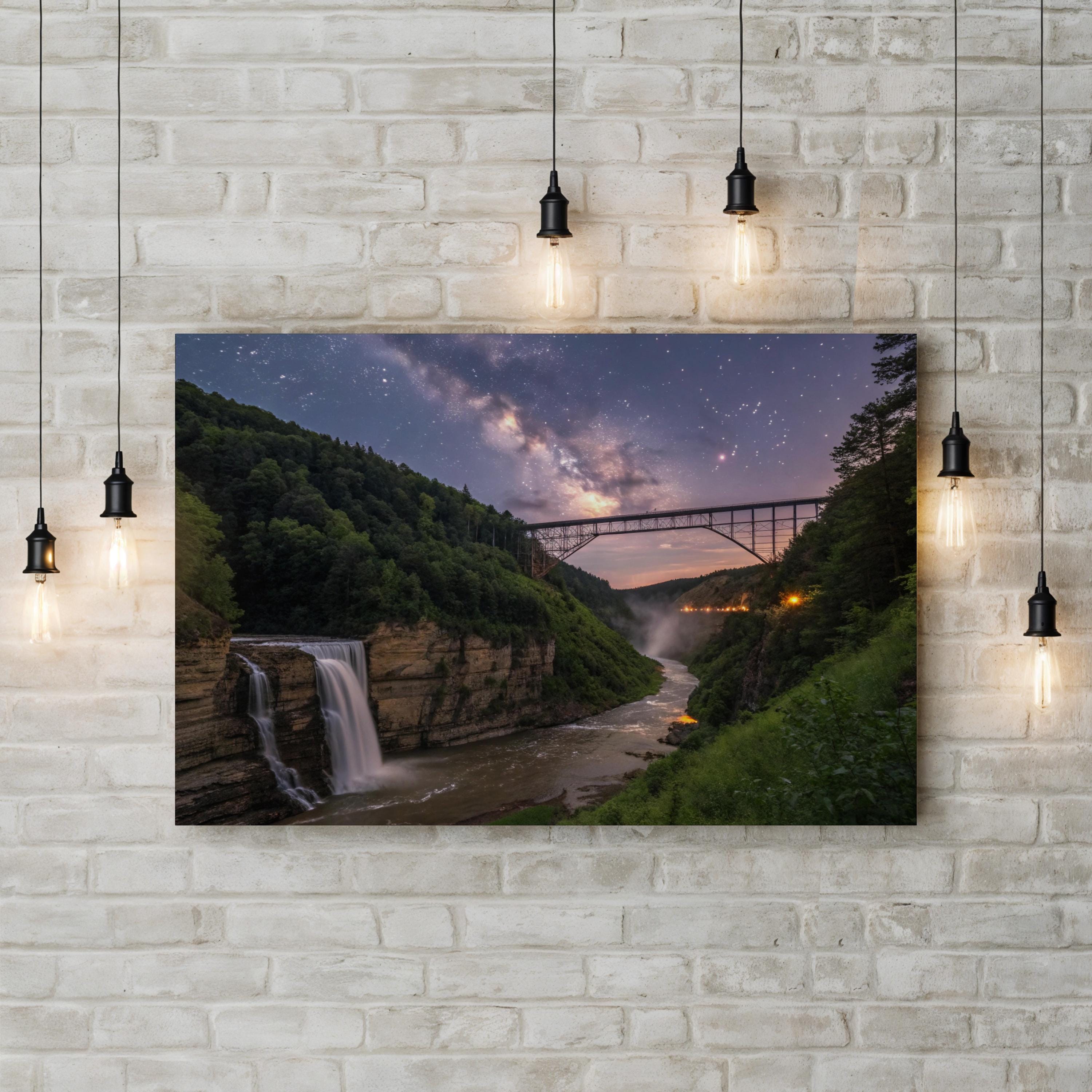 Letchworth Trestle Bridge Gorge – Vintage Photography Wall Art | Waterfall Canvas Print