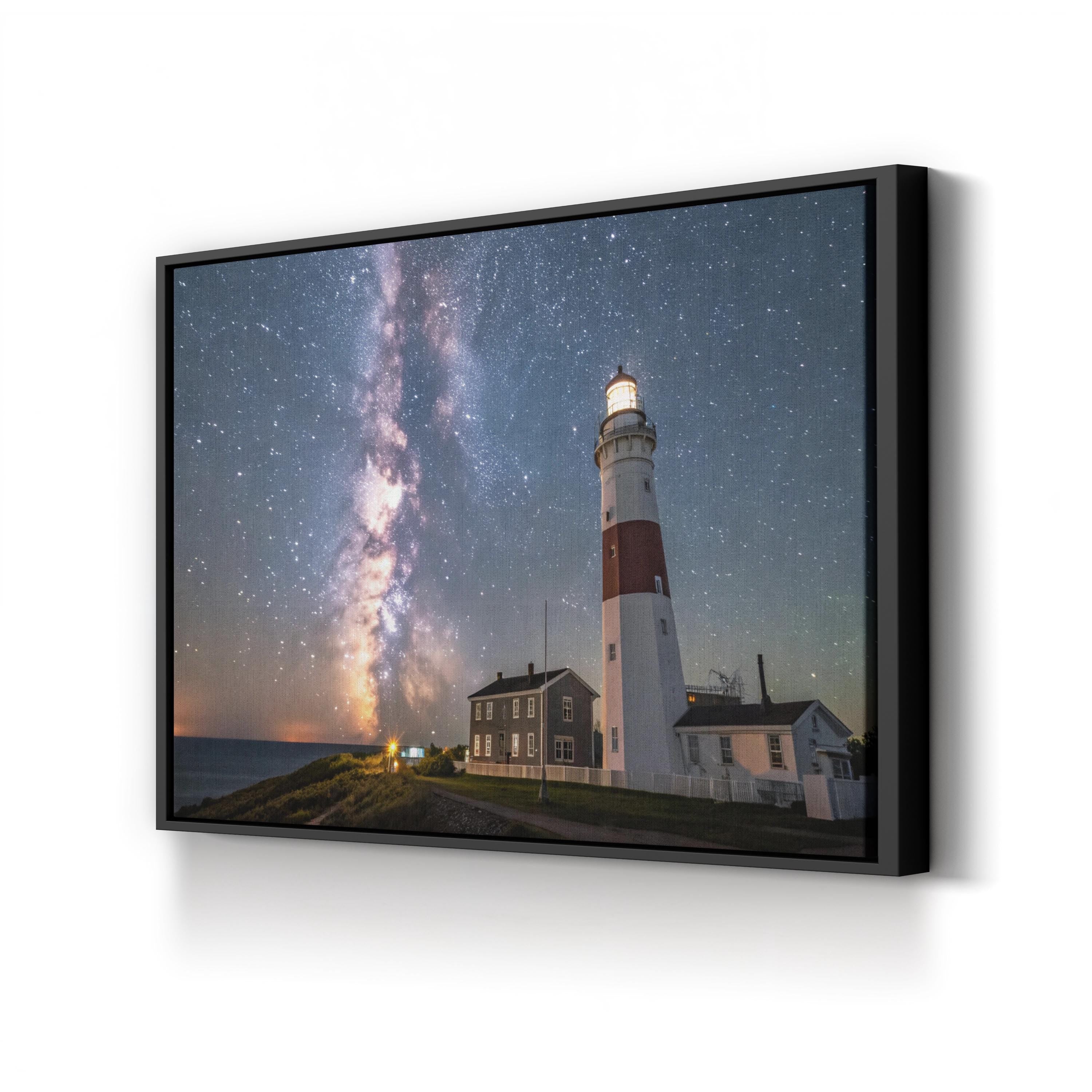 Lighted Lighthouse Galaxy Sky – Vintage Photography Wall Art | Cosmic Canvas Print