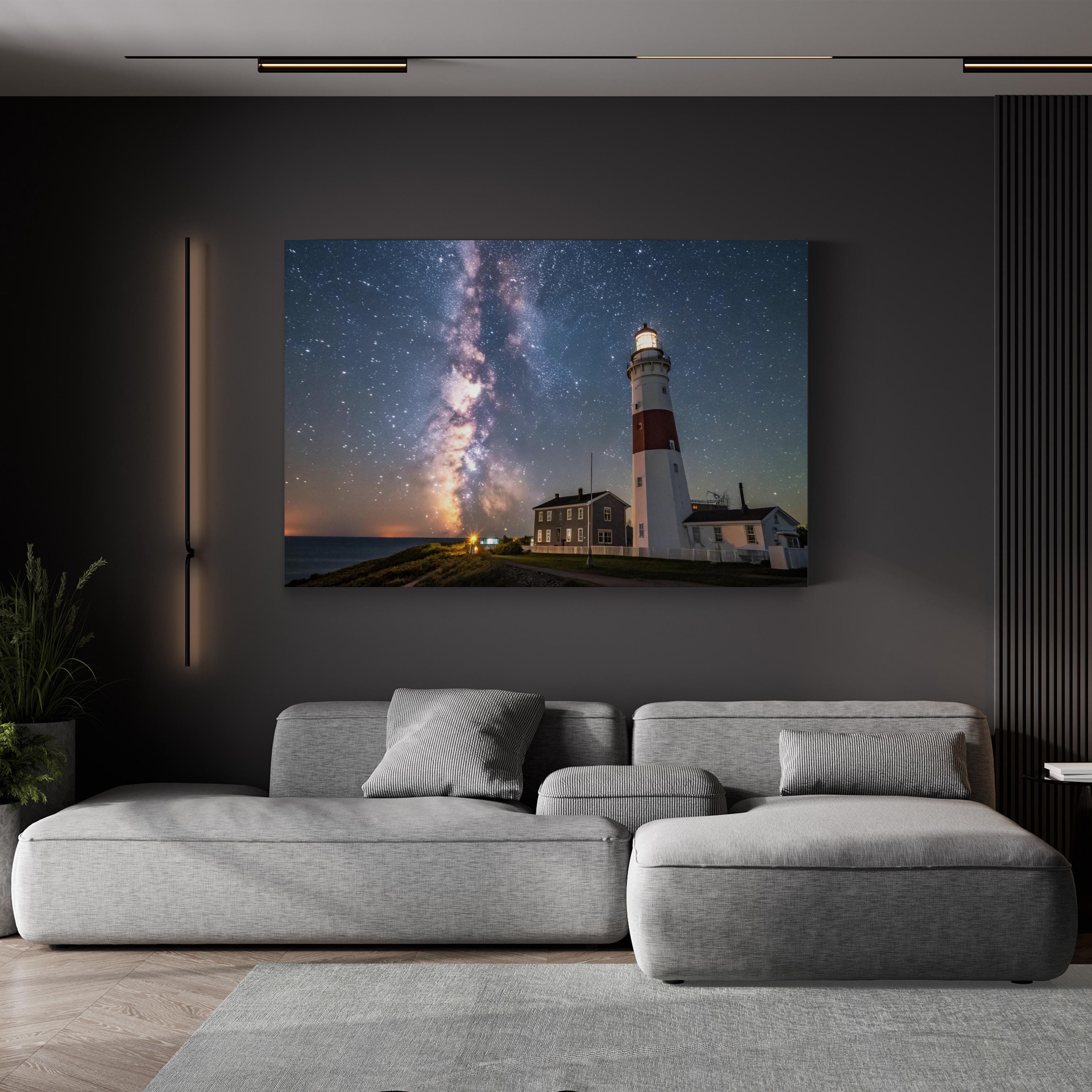 Lighted Lighthouse Galaxy Sky – Vintage Photography Wall Art | Cosmic Canvas Print