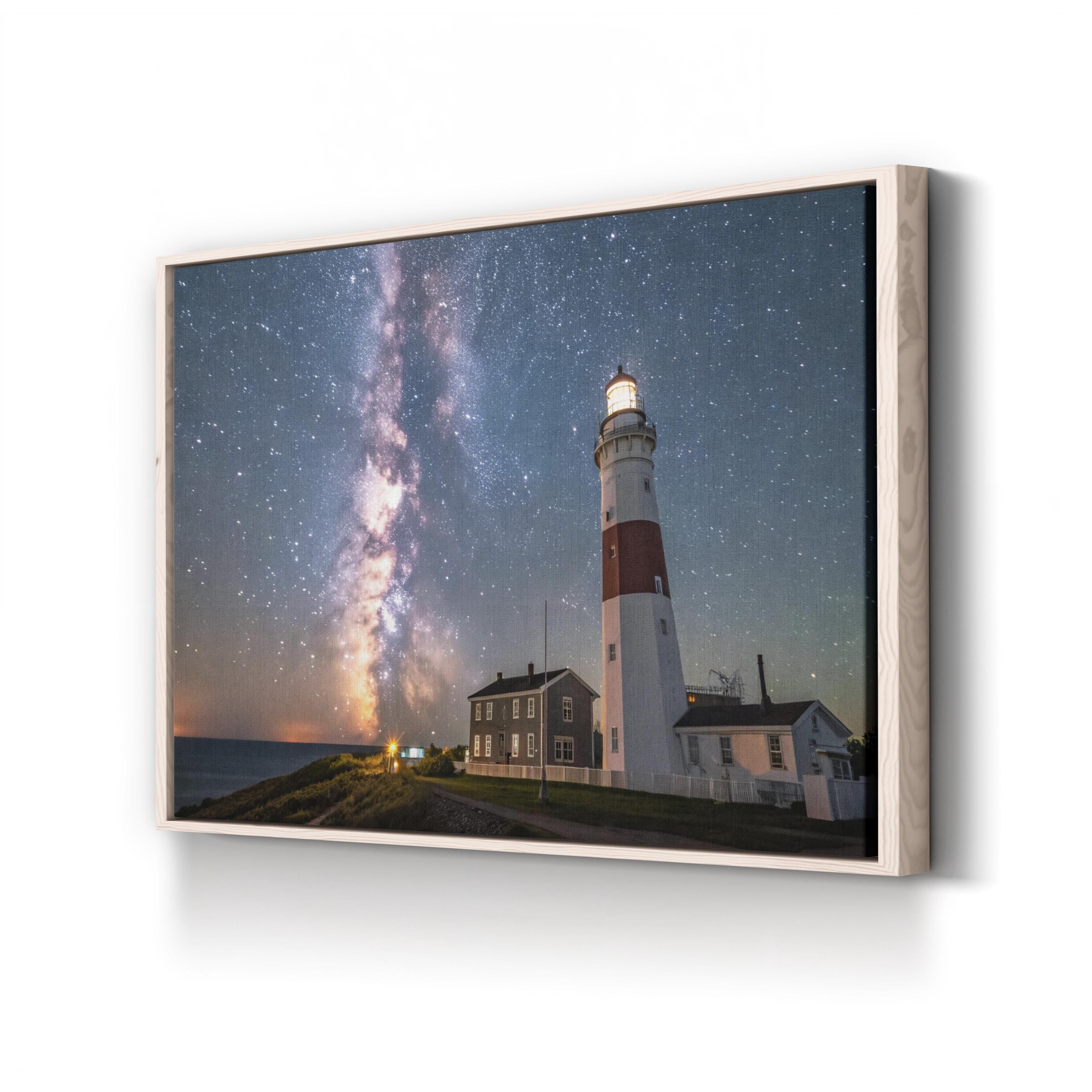 Lighted Lighthouse Galaxy Sky – Vintage Photography Wall Art | Cosmic Canvas Print