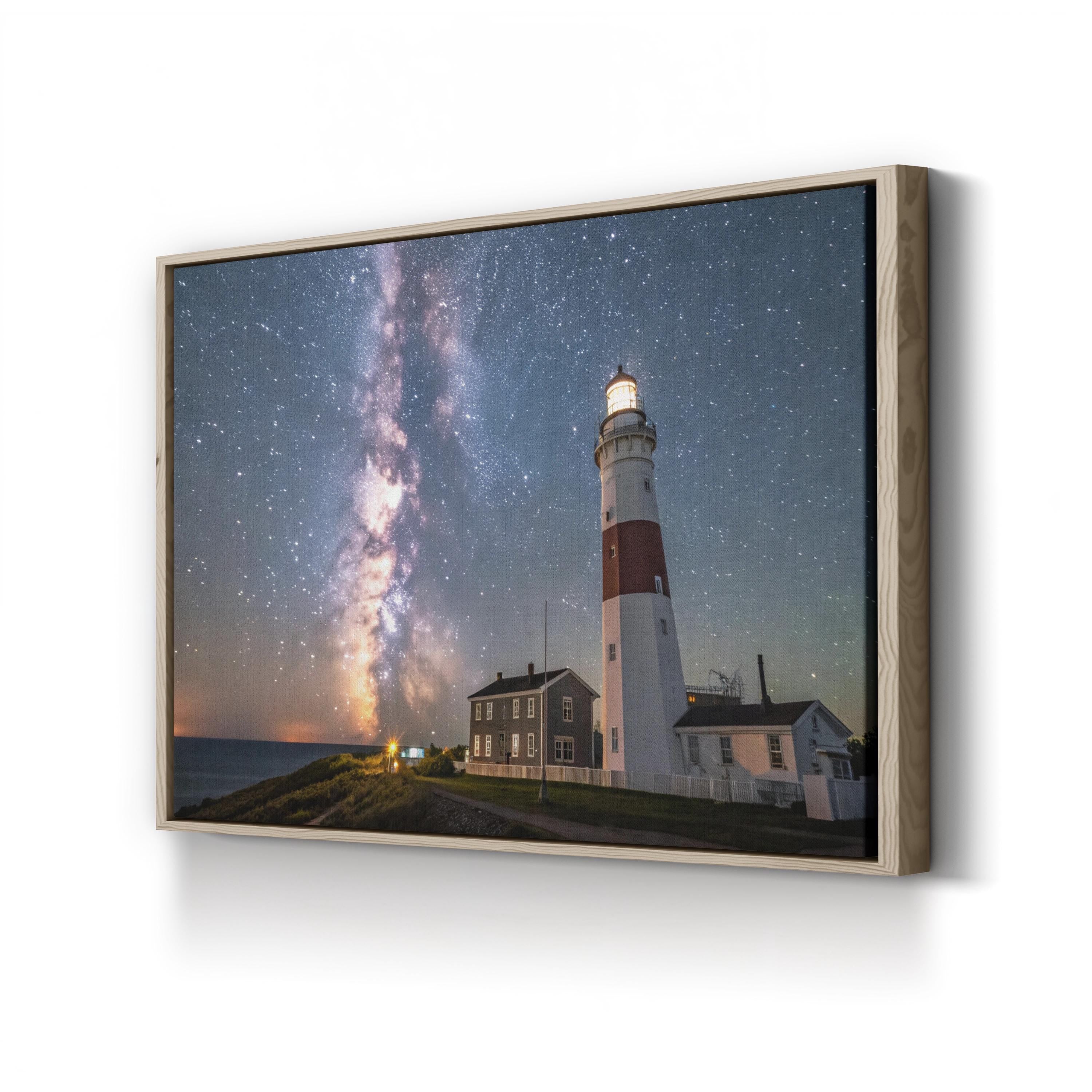 Lighted Lighthouse Galaxy Sky – Vintage Photography Wall Art | Cosmic Canvas Print