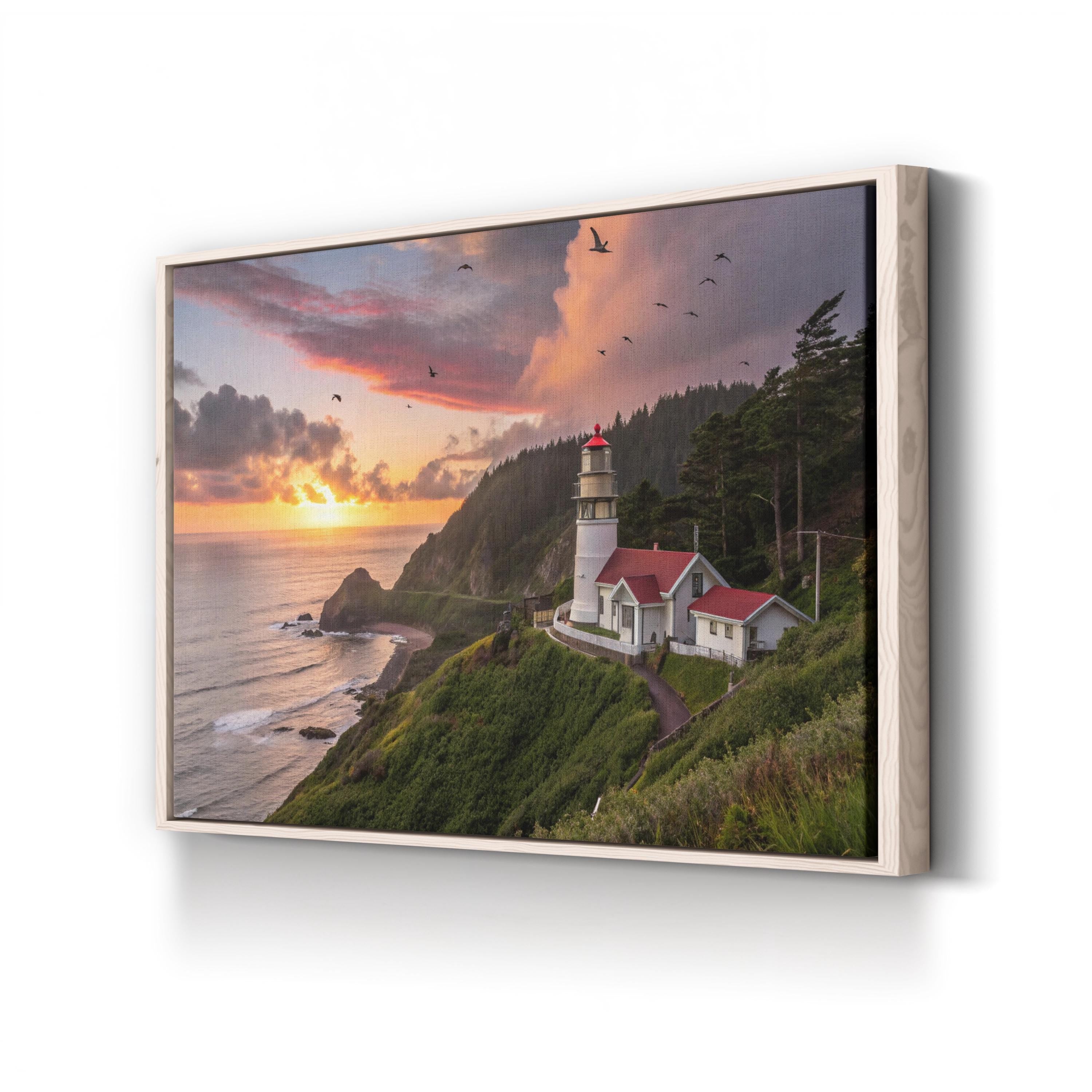 Oregon Coast Lighthouse Sunset – Vintage Photography Wall Art | Coastal Canvas Print