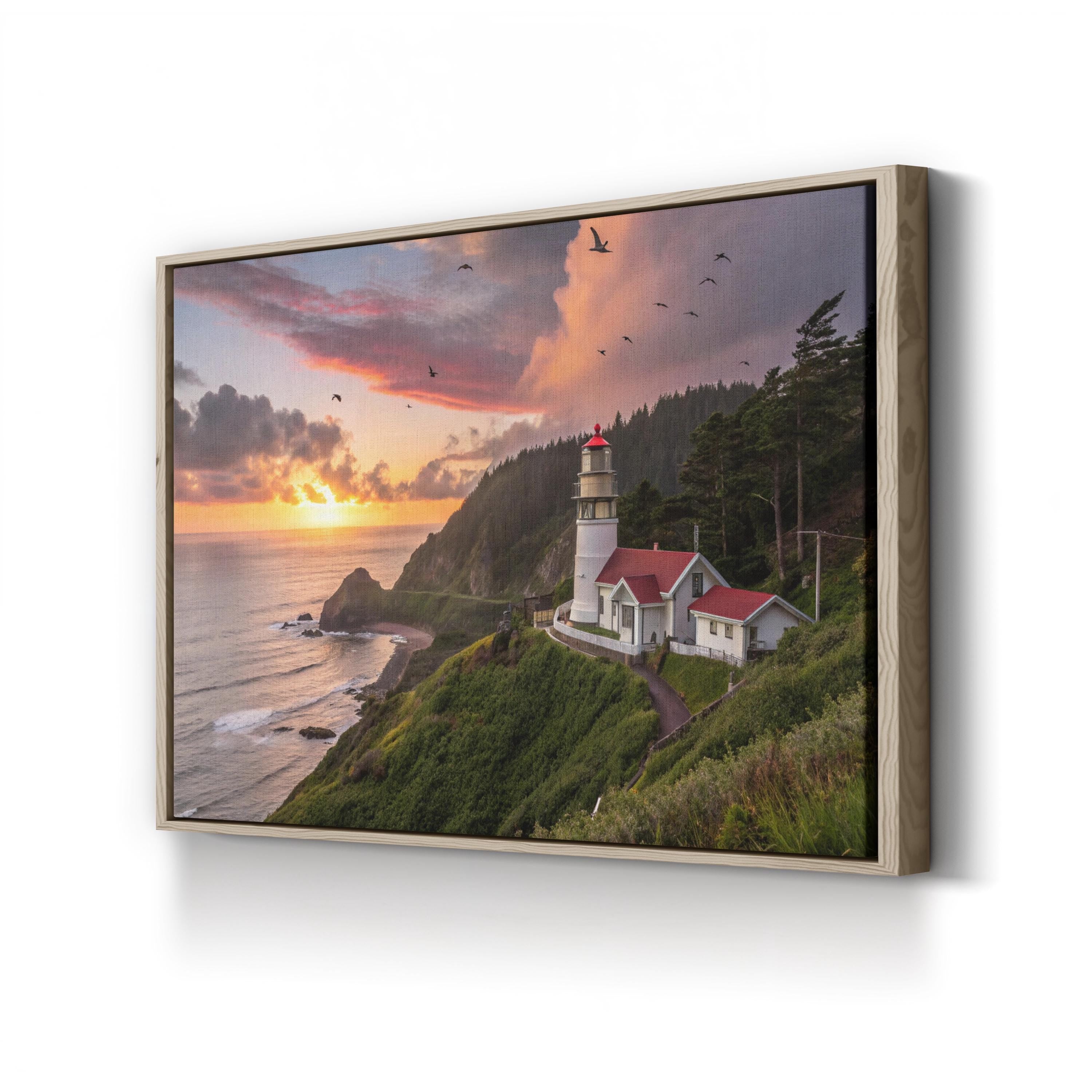 Oregon Coast Lighthouse Sunset – Vintage Photography Wall Art | Coastal Canvas Print