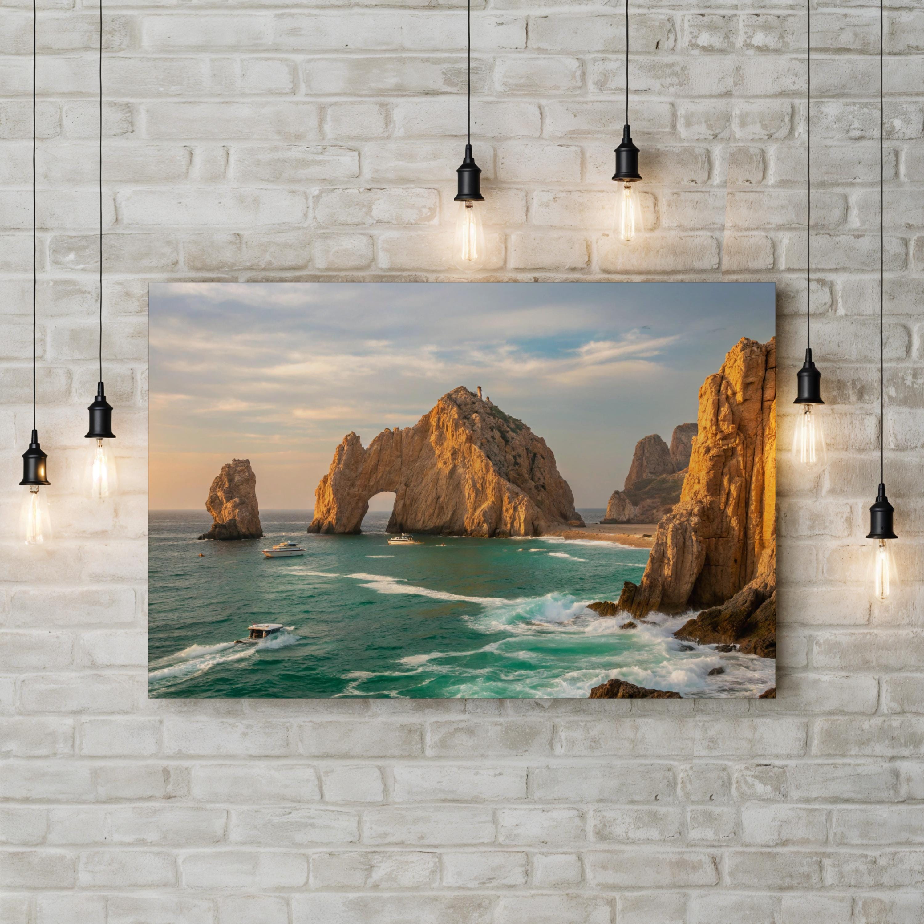 Beach Sunset Canvas Wall Art — Coastal Rock Formation Ocean Landscape Print