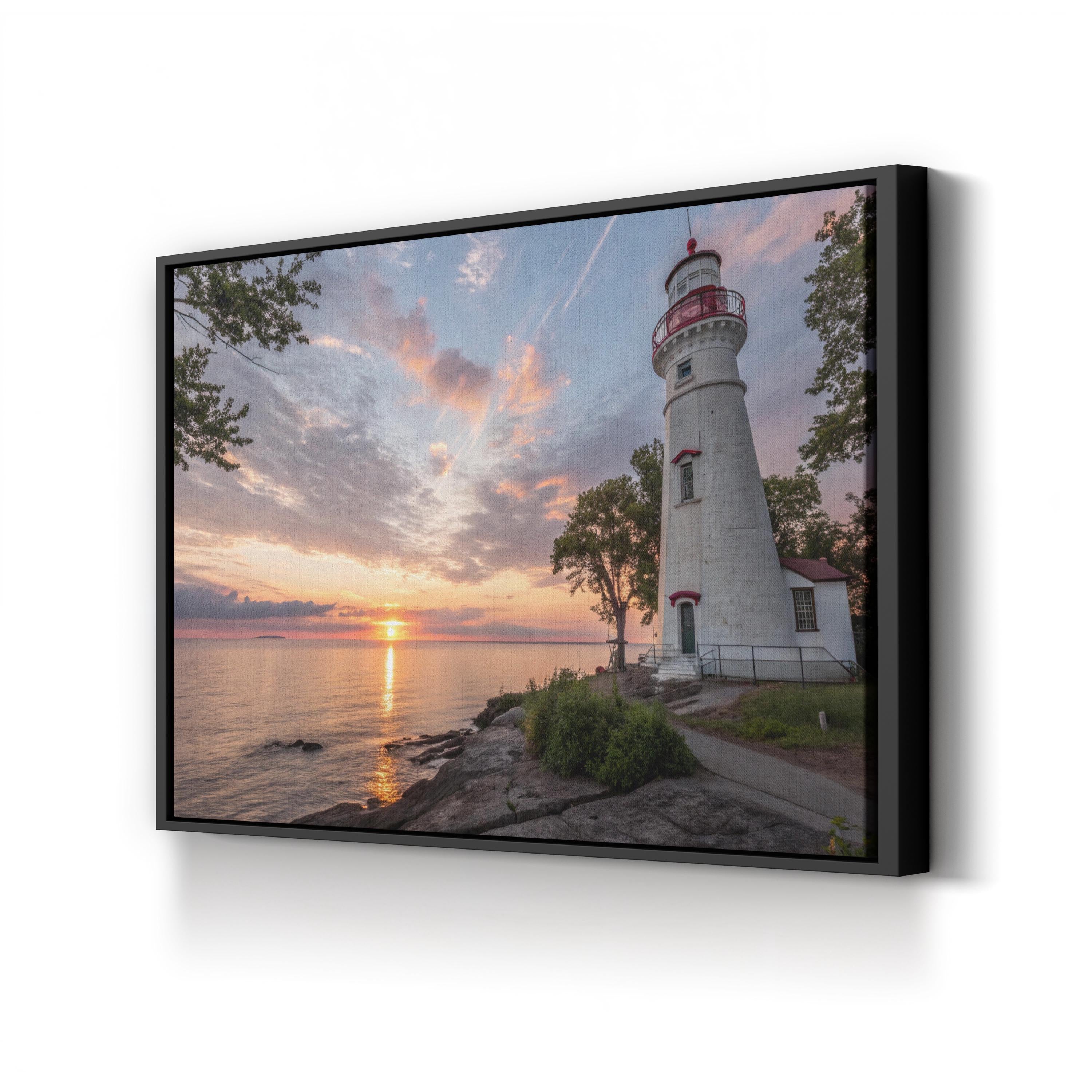 Marblehead Lighthouse Canvas Wall Art: Marblehead Ohio Sunset Coastal Landscape Print