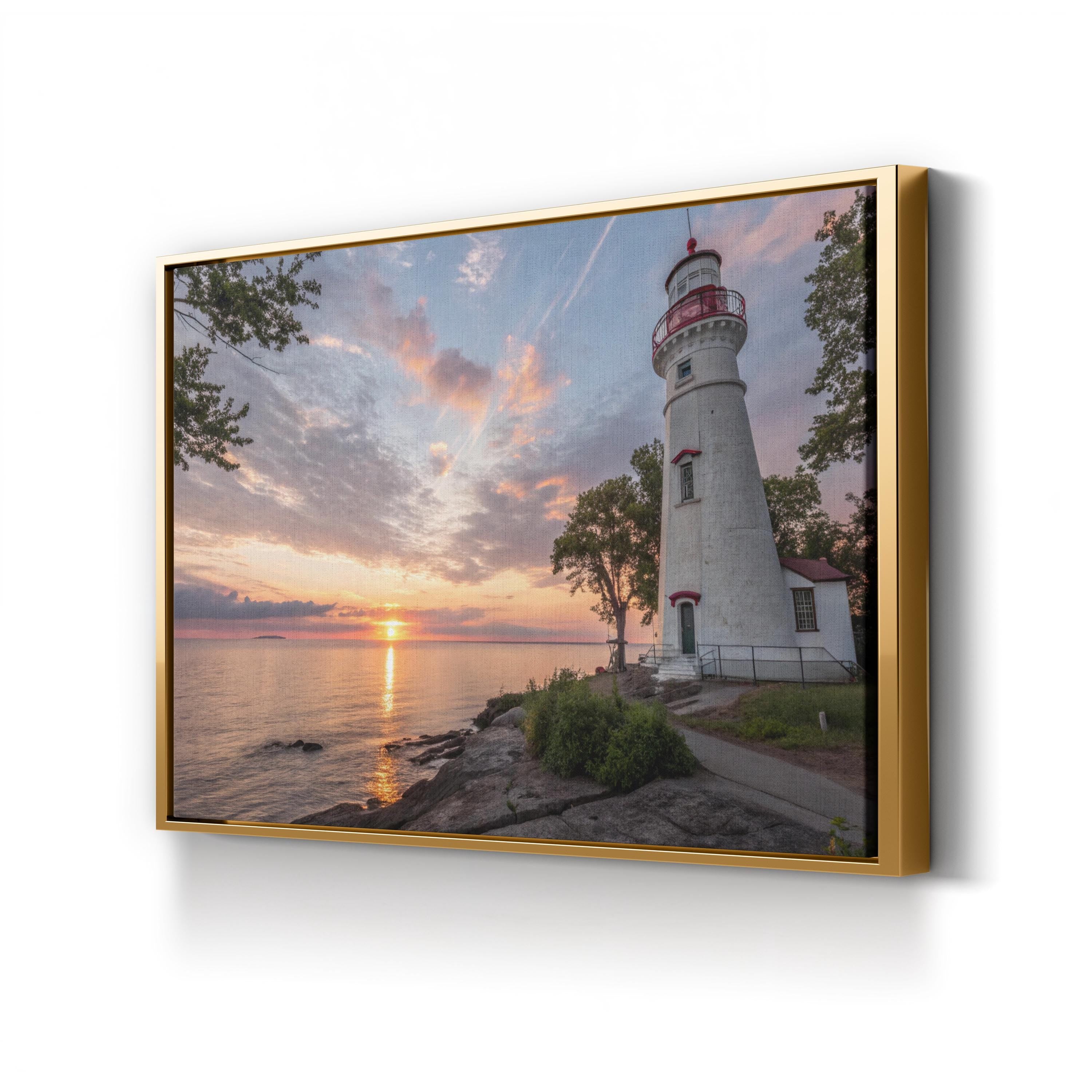 Marblehead Lighthouse Canvas Wall Art: Marblehead Ohio Sunset Coastal Landscape Print