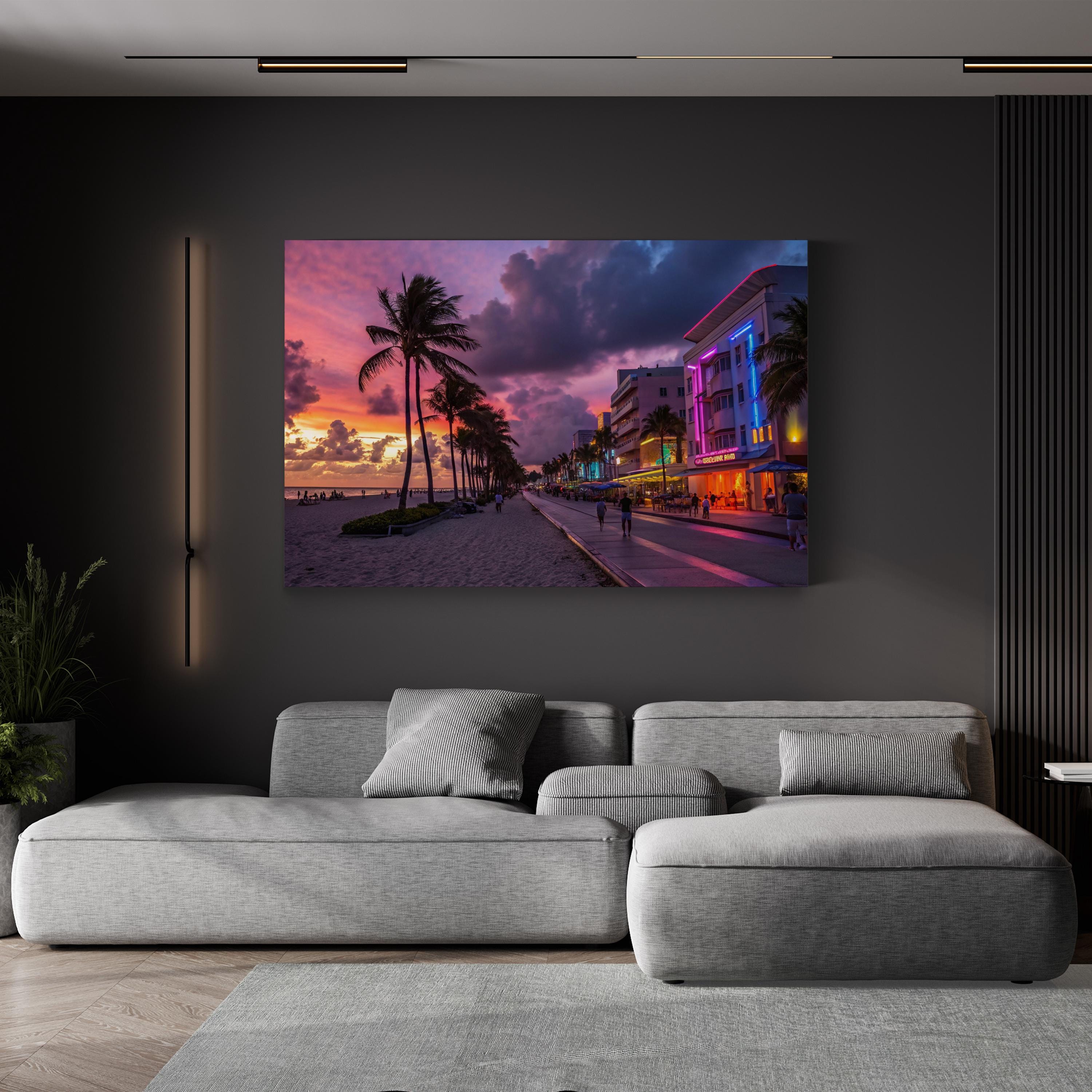 Miami Beach Ocean Drive Sunset – Vintage Photography Wall Art | Art Deco Coastal Canvas Print