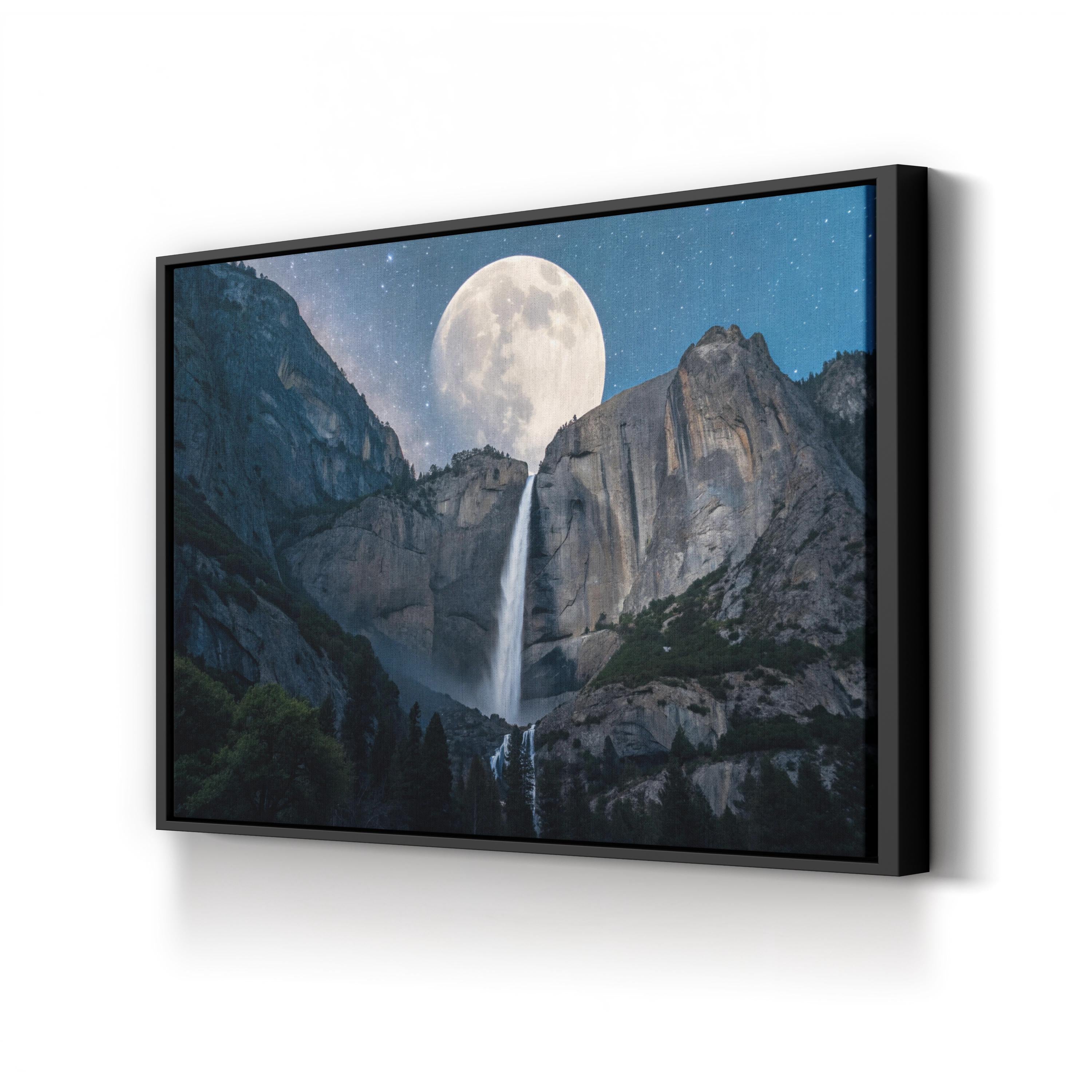 Moonfall Waterfall Night – Vintage Photography Wall Art | Full Moon Canvas Print