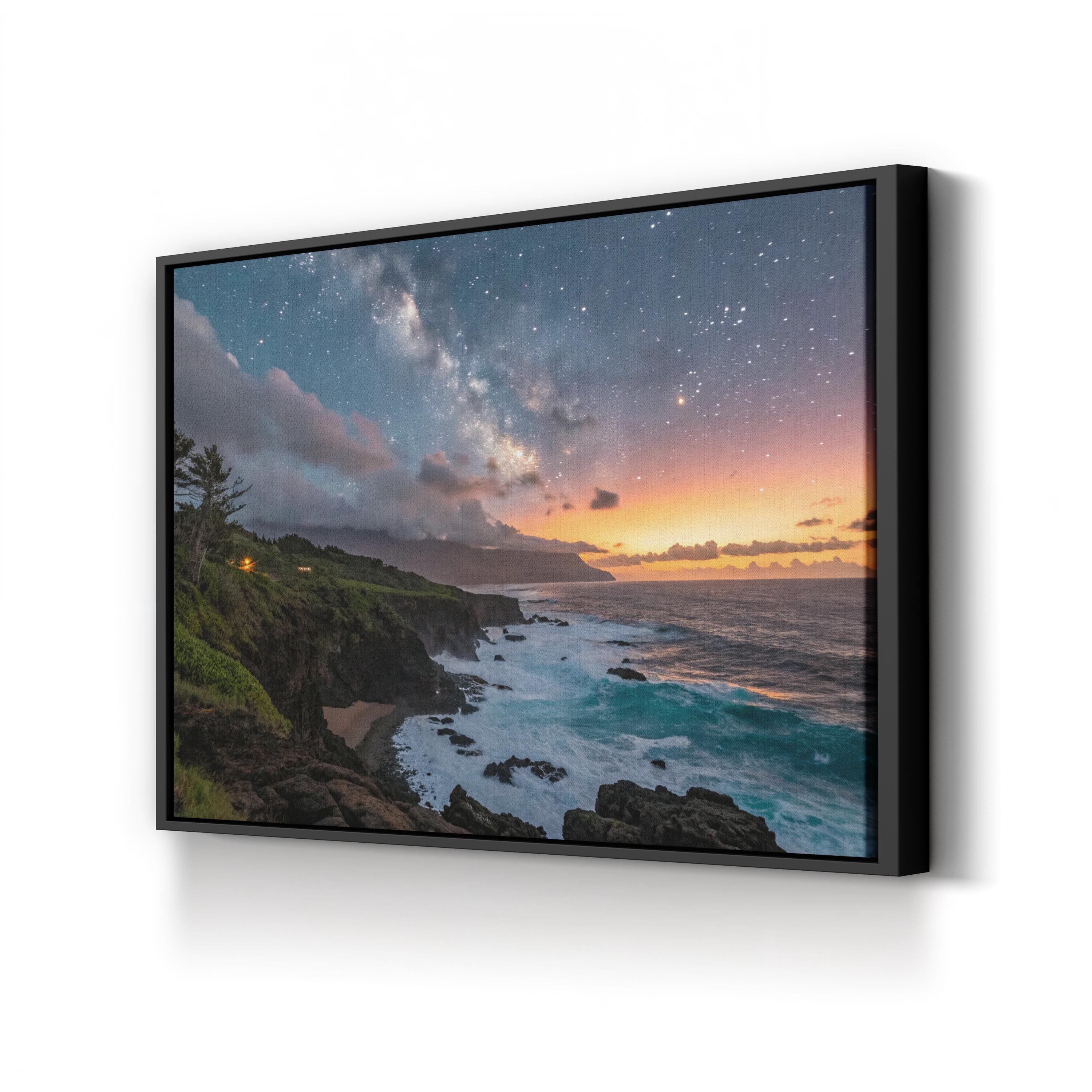 Framed Ocean & Starry Sky – Vintage Photography Wall Art | Coastal Landscape Canvas Print