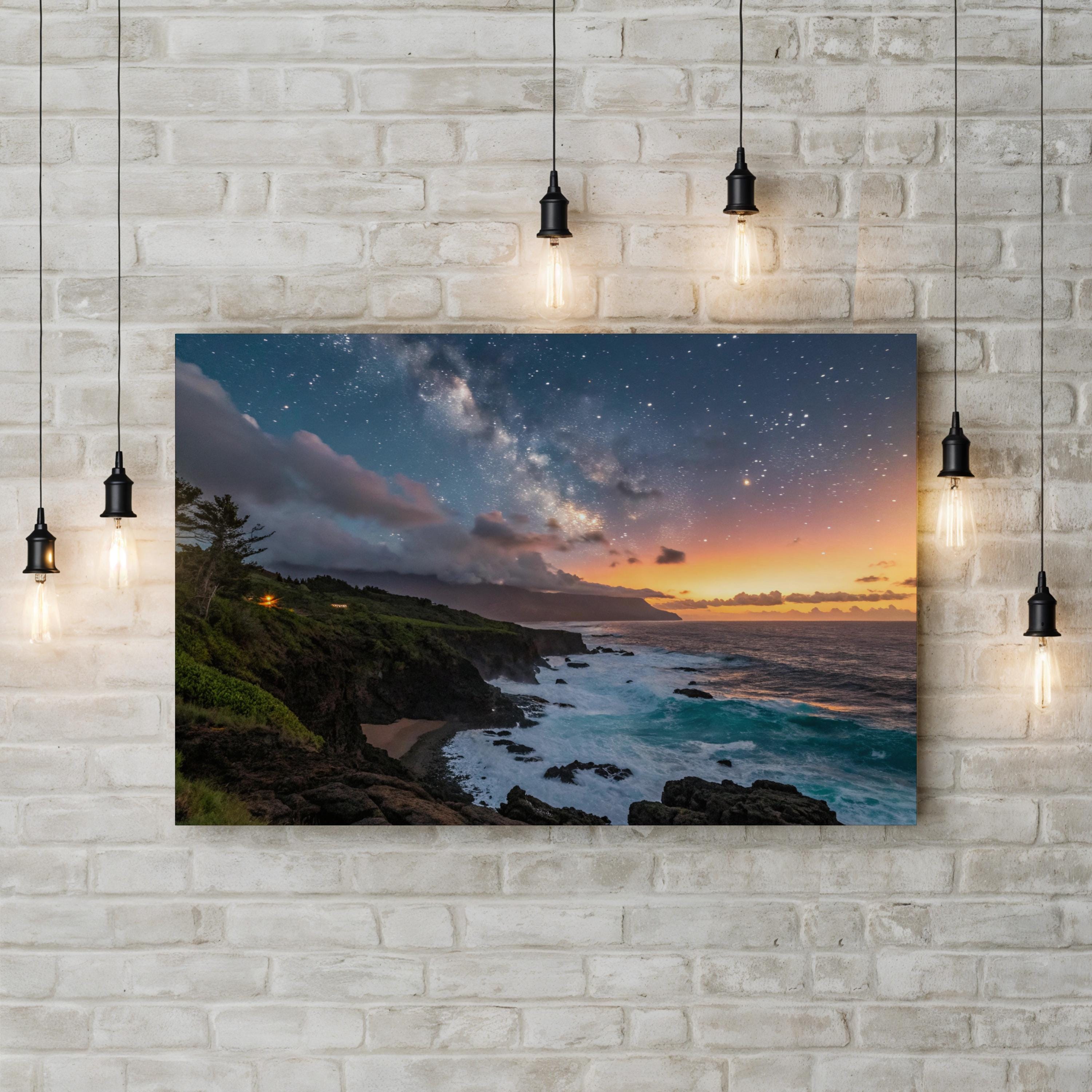 Framed Ocean & Starry Sky – Vintage Photography Wall Art | Coastal Landscape Canvas Print