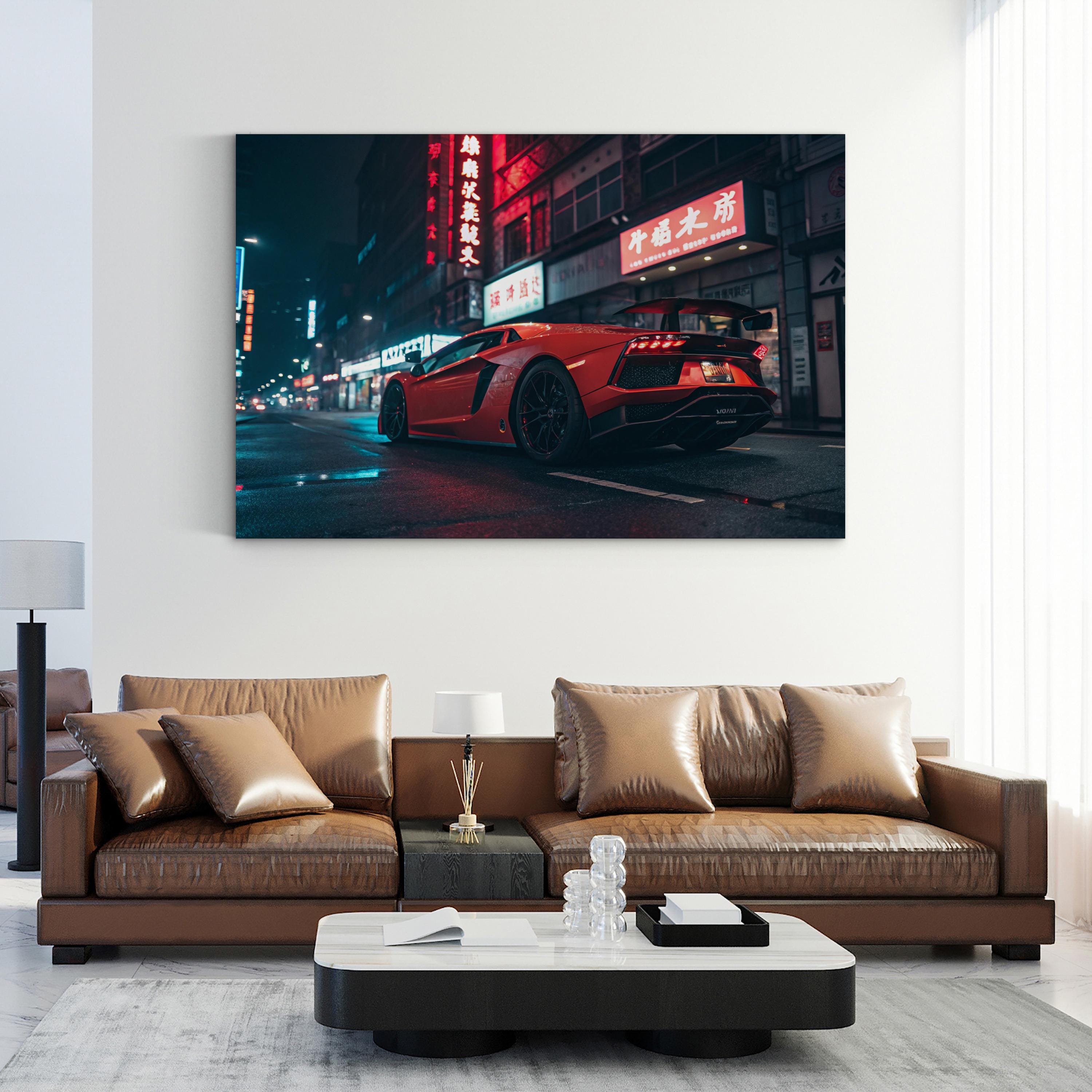 Neon Car Night Streetscape – Vintage Photography Wall Art | Urban Canvas Print