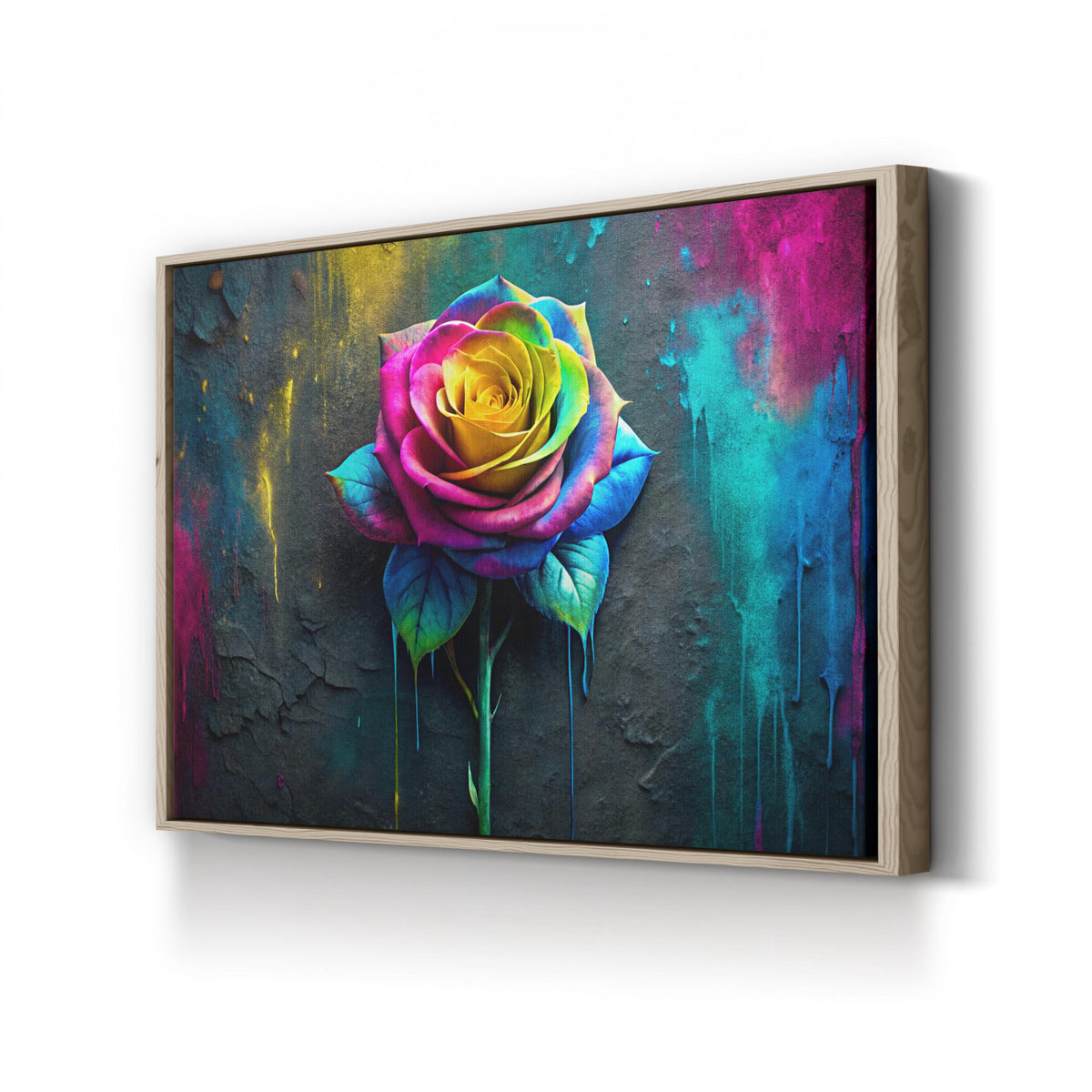 Paint Drip Rose canvas print in Oak frame