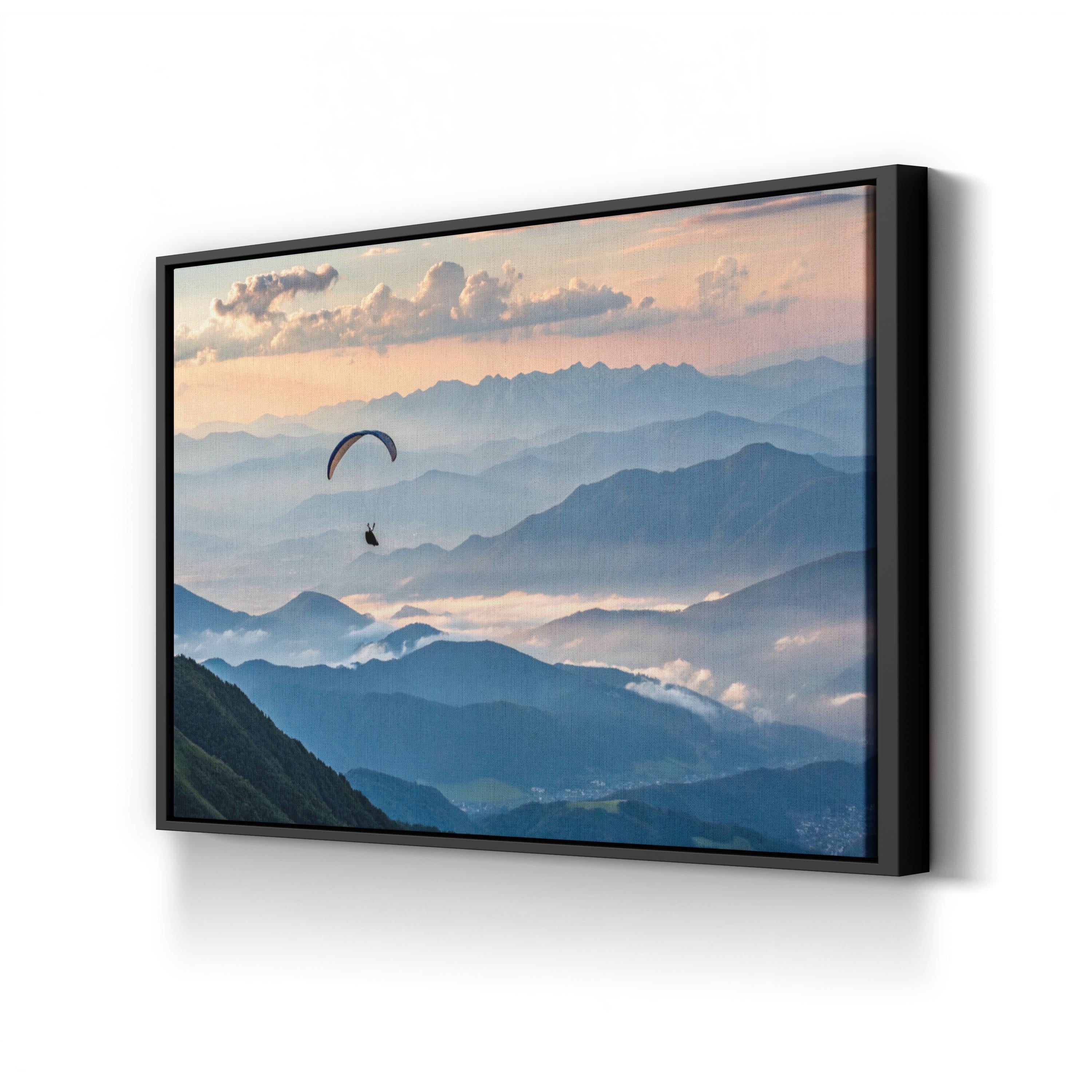 Paragliding Above Mountain Peaks Wall Art — Aerial Landscape Adventure Canvas Print