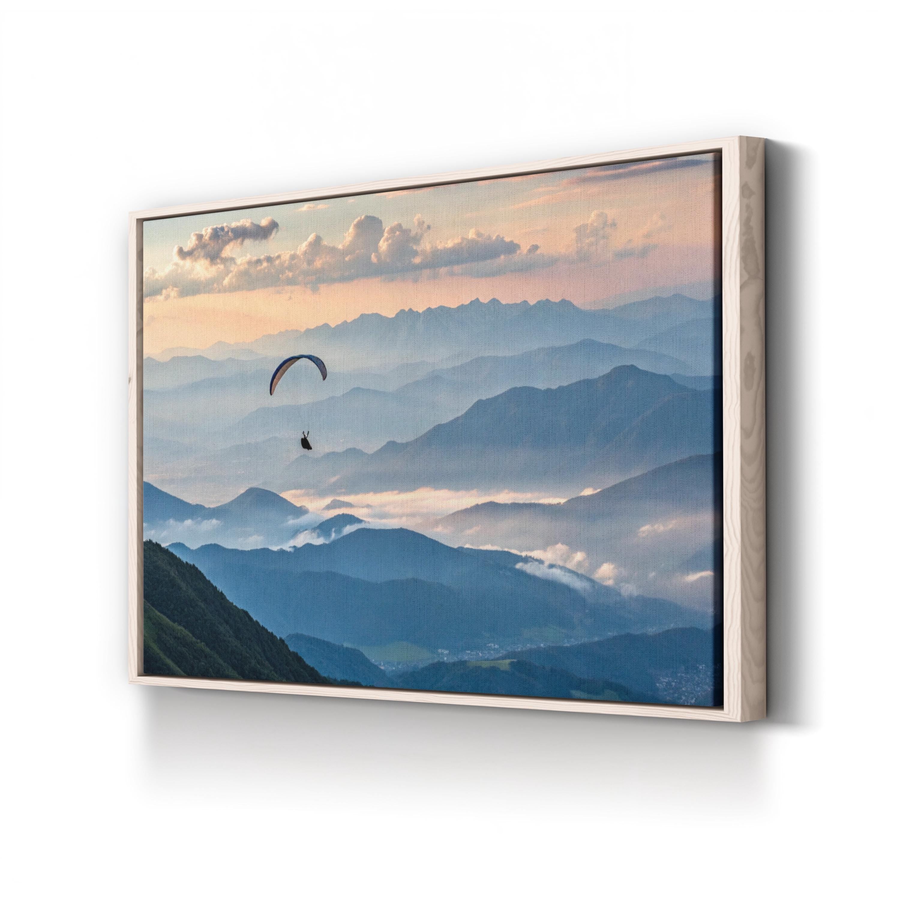 Paragliding Above Mountain Peaks Wall Art — Aerial Landscape Adventure Canvas Print
