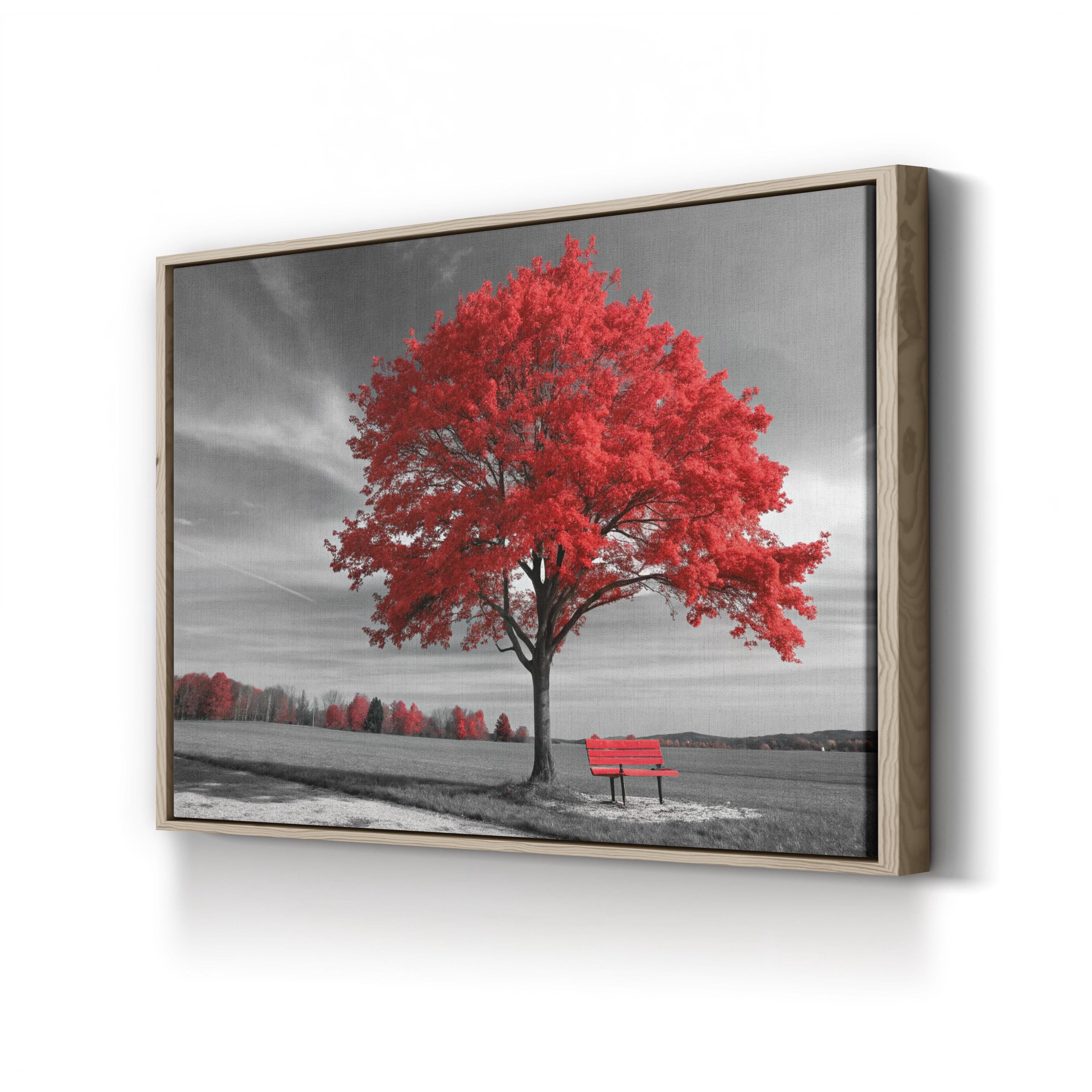 Red Autumn Tree Panorama – Vintage Photography Wall Art | Fall Landscape Canvas Print