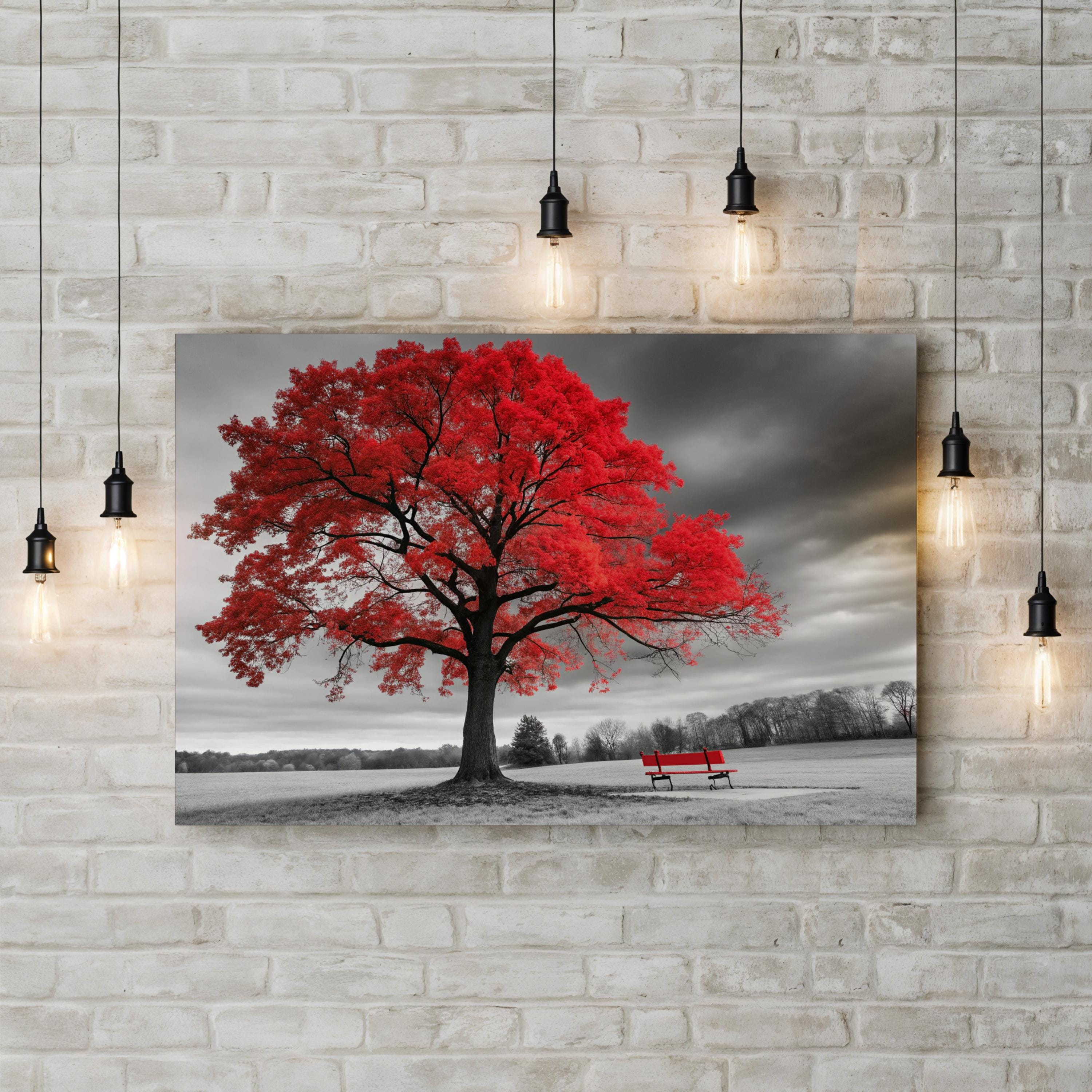 Red Tree in Autumn Wall Art — Contemporary Landscape Canvas Print