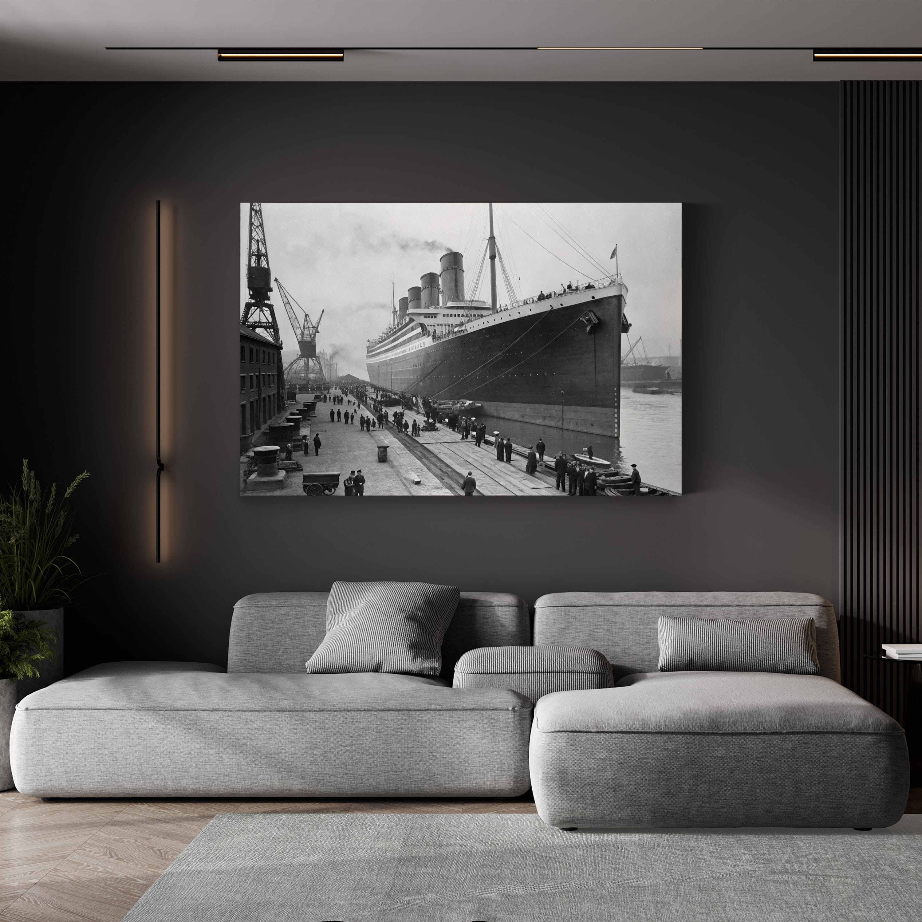 Launching of the RMS Titanic of the White Star Line, Belfast 1911 Wall Art – Historic Black & White Nautical Canvas Print