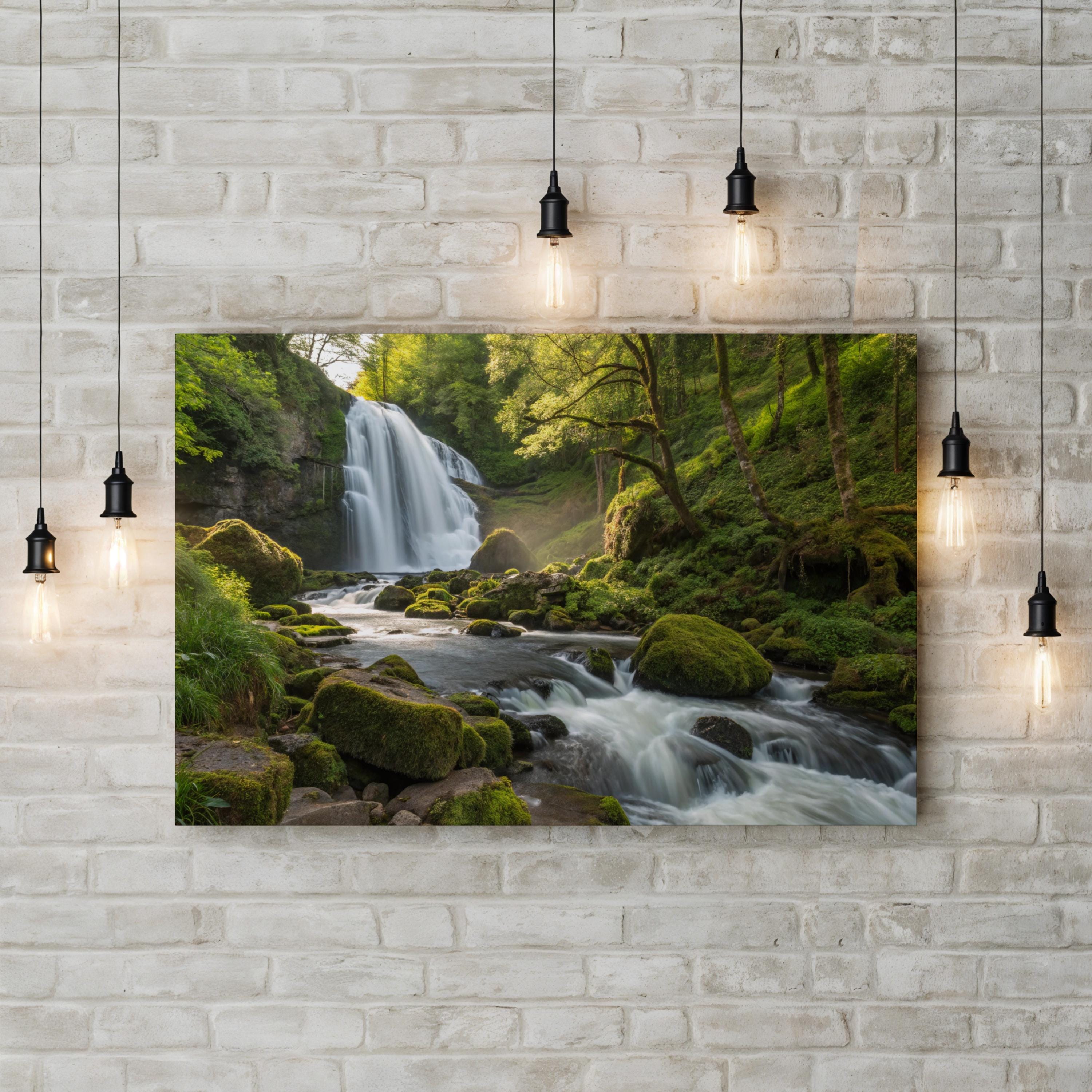 Roadside Waterfall Forest – Vintage Photography Wall Art | Tranquil Nature Canvas Print