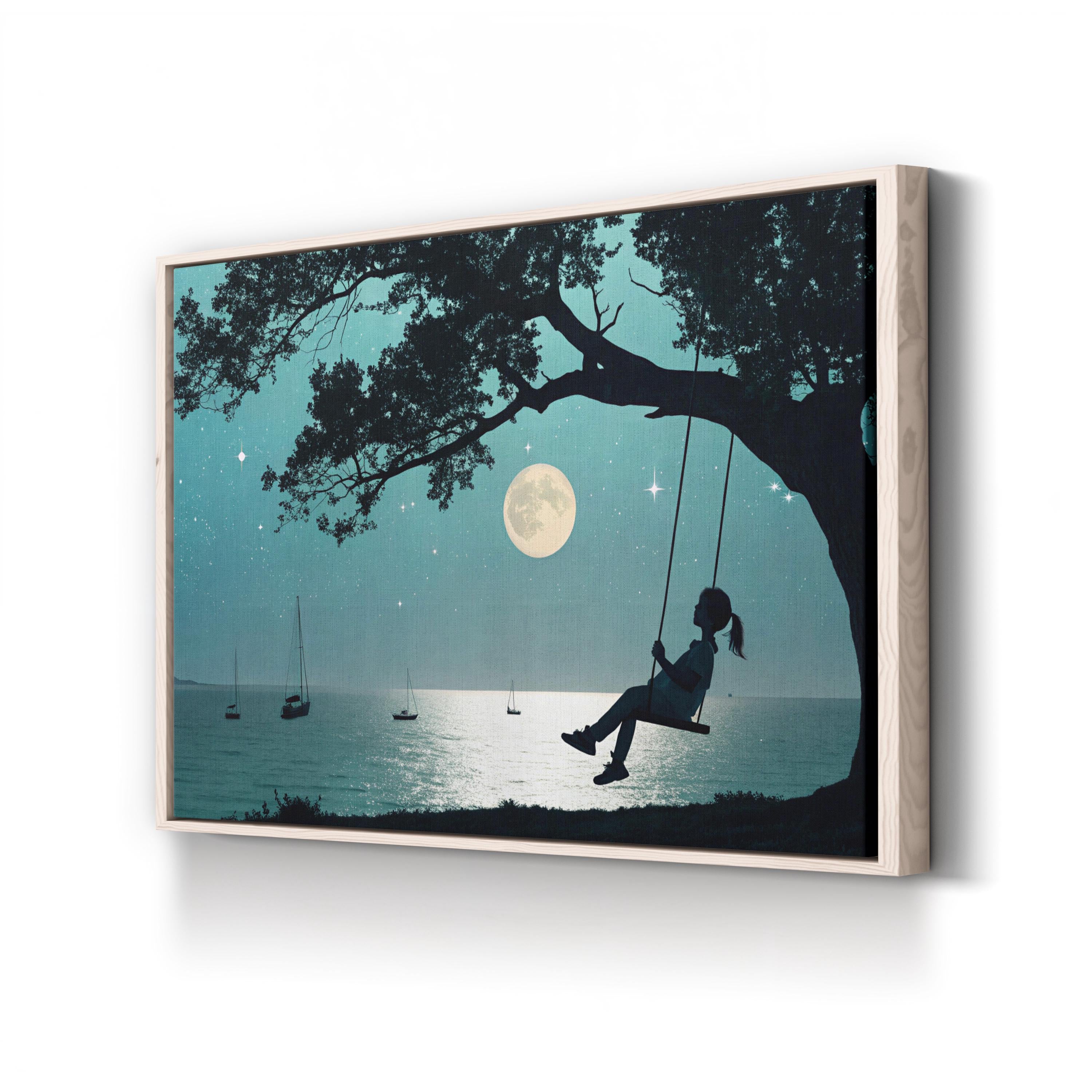 Moonlit Night Wall Art | Peaceful Tree Swing Under Full Moon Canvas Print