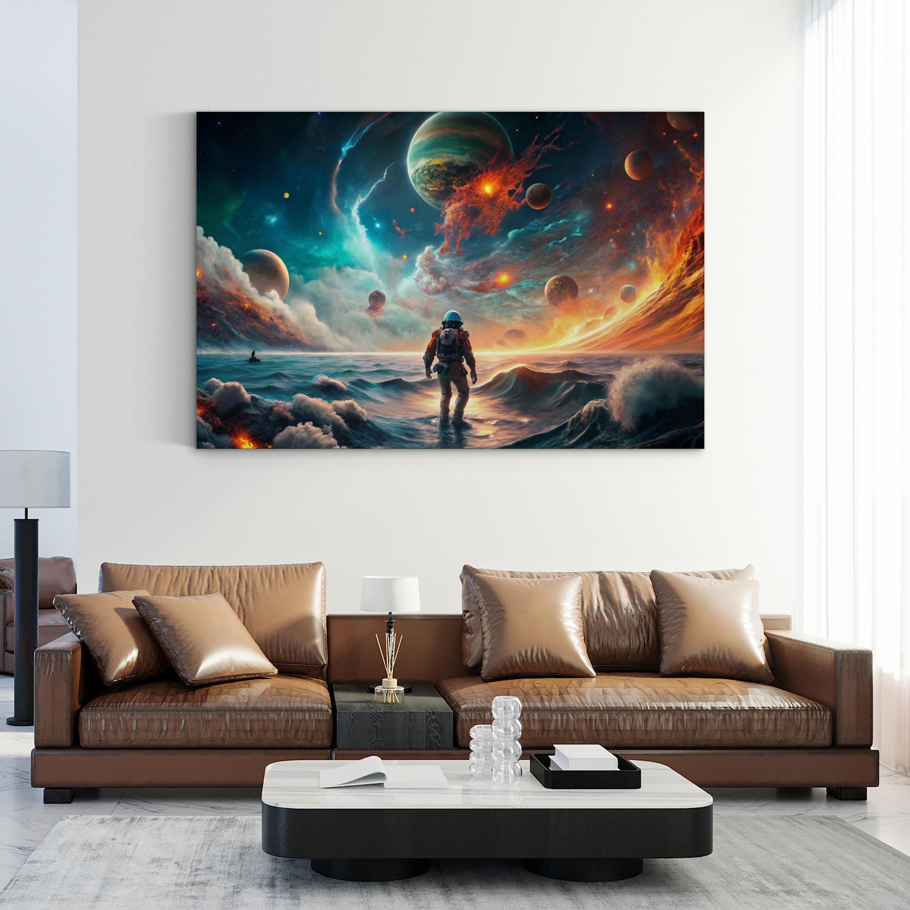Astronaut at Cosmic Shoreline – Period Illustration Wall Art | Sea & Sky Canvas Print