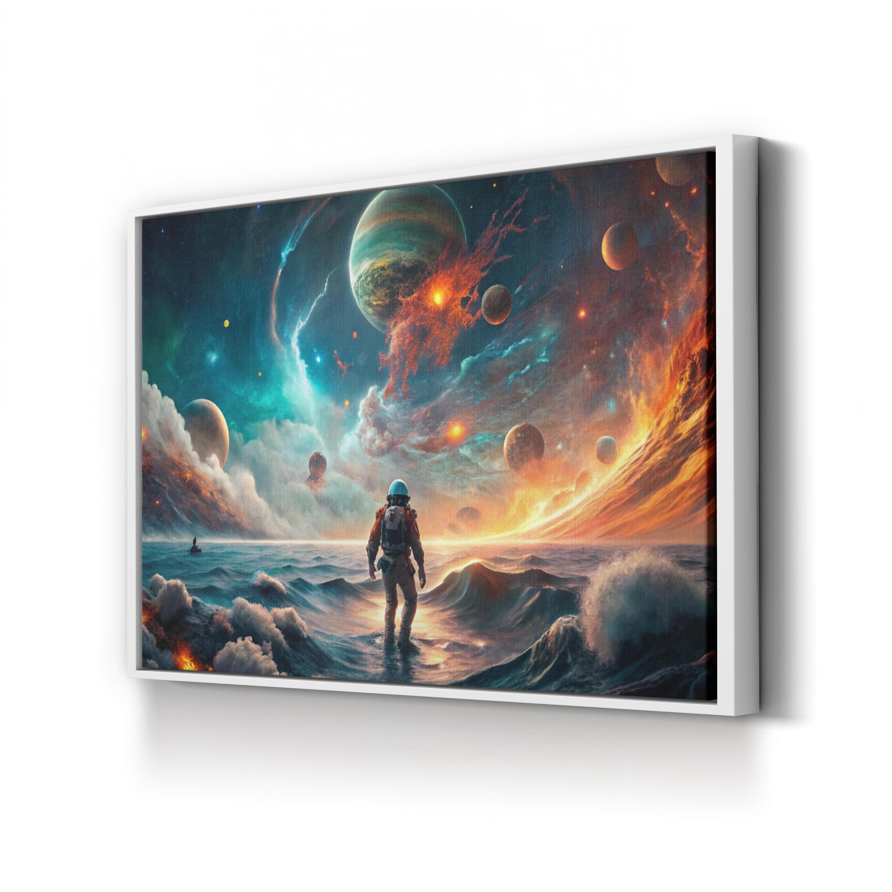 Astronaut at Cosmic Shoreline – Period Illustration Wall Art | Sea & Sky Canvas Print
