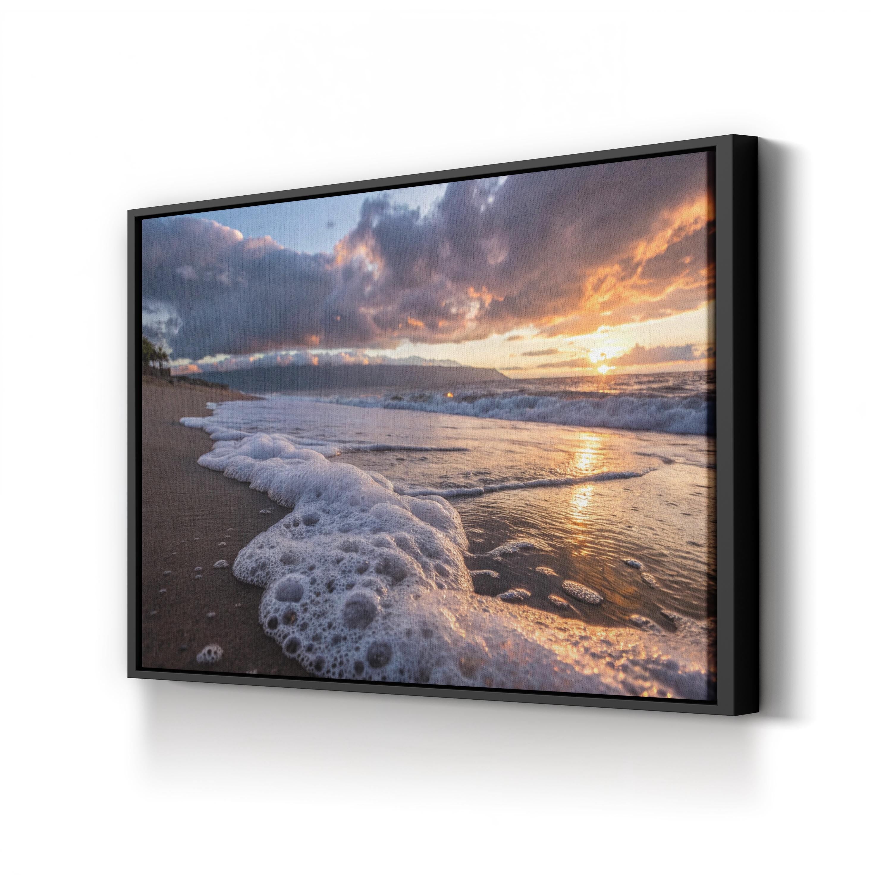 Seafoam Sunrise Canvas Wall Art — Coastal Beach Shoreline Photography Print