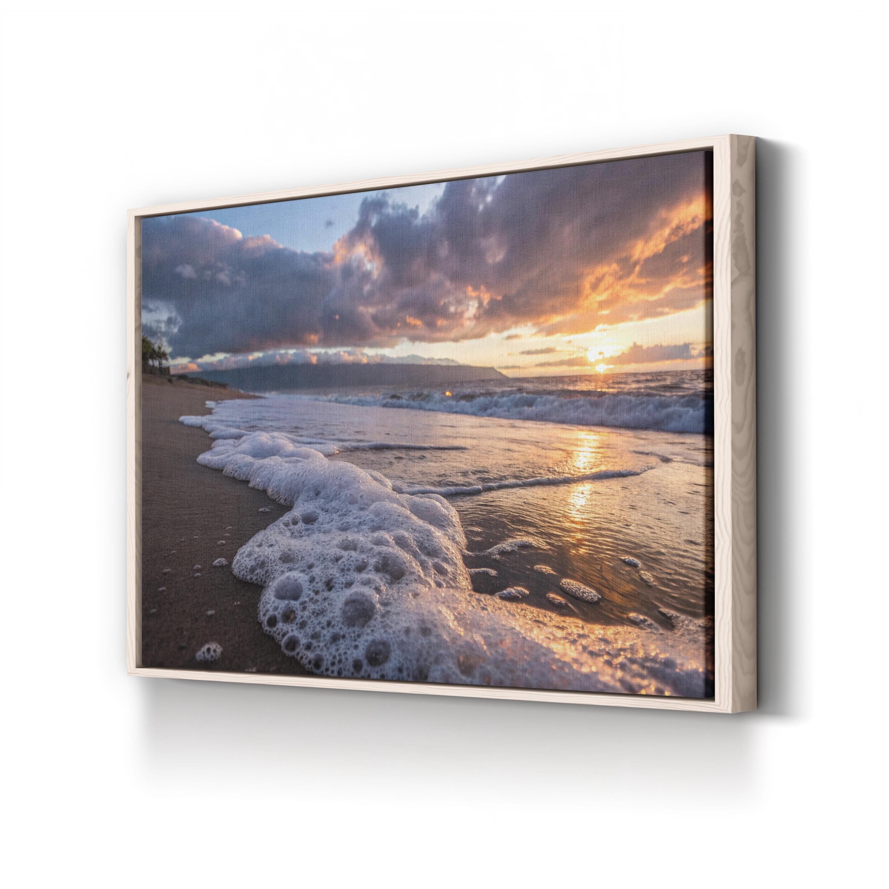 Seafoam Sunrise Canvas Wall Art — Coastal Beach Shoreline Photography Print