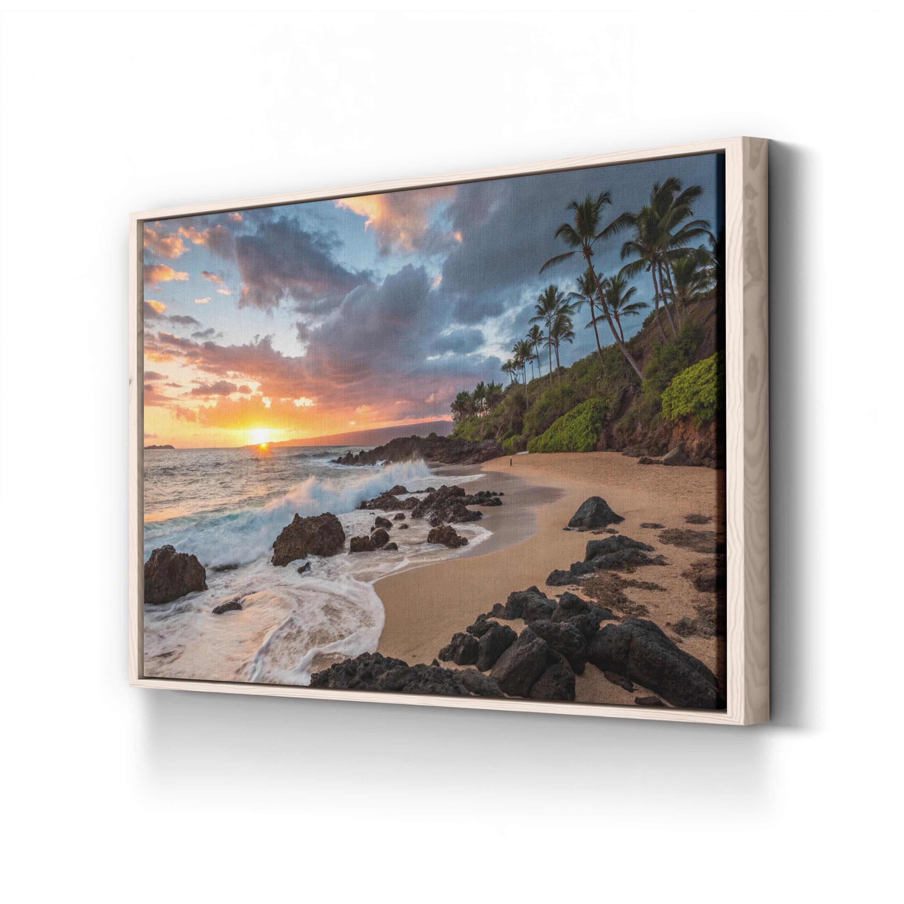 Secret Beach Kauai Hawaii Sunset Beach Canvas Art: Sunset Ocean Wave Photography, Coastal Decor