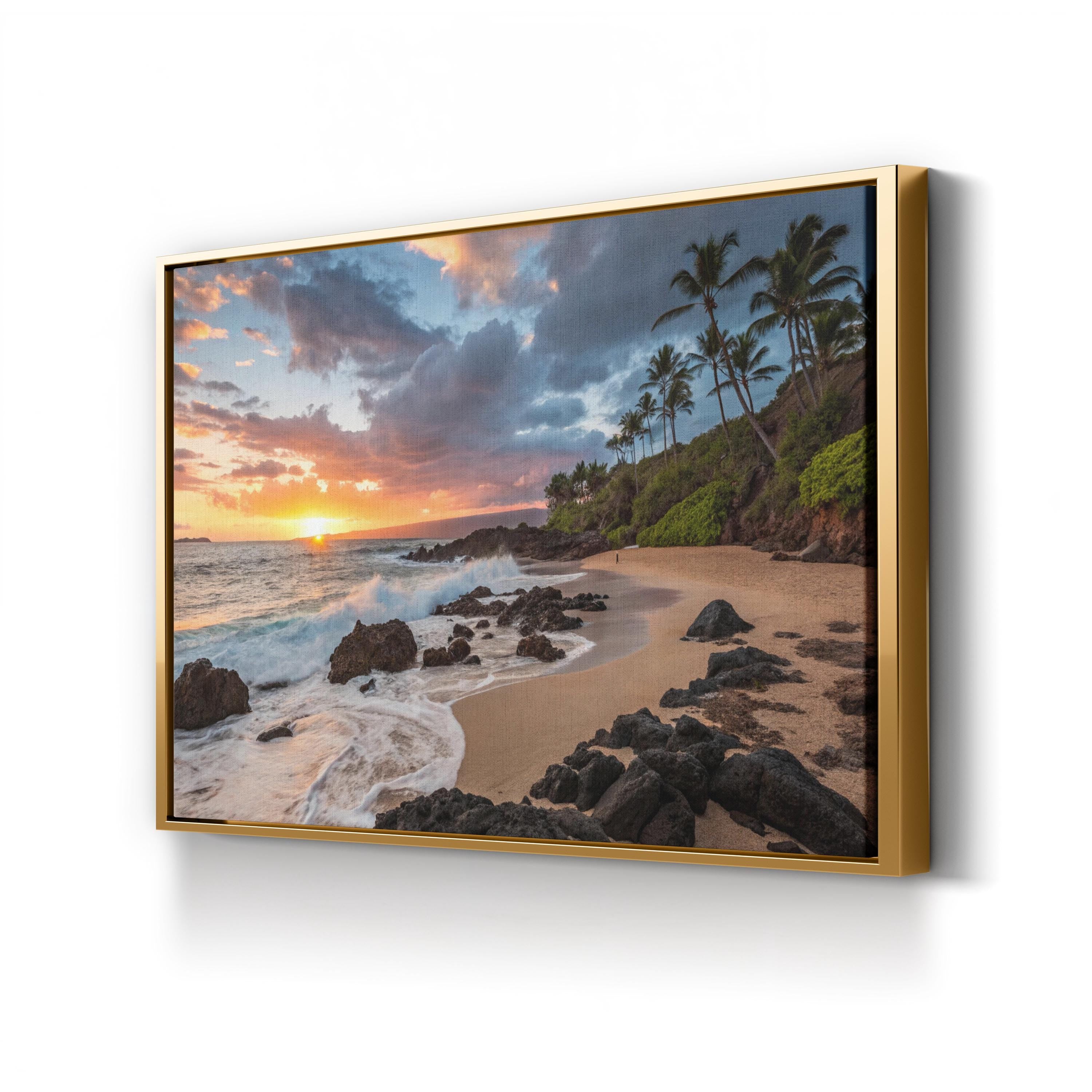Secret Beach Kauai Hawaii Sunset Beach Canvas Art: Sunset Ocean Wave Photography, Coastal Decor