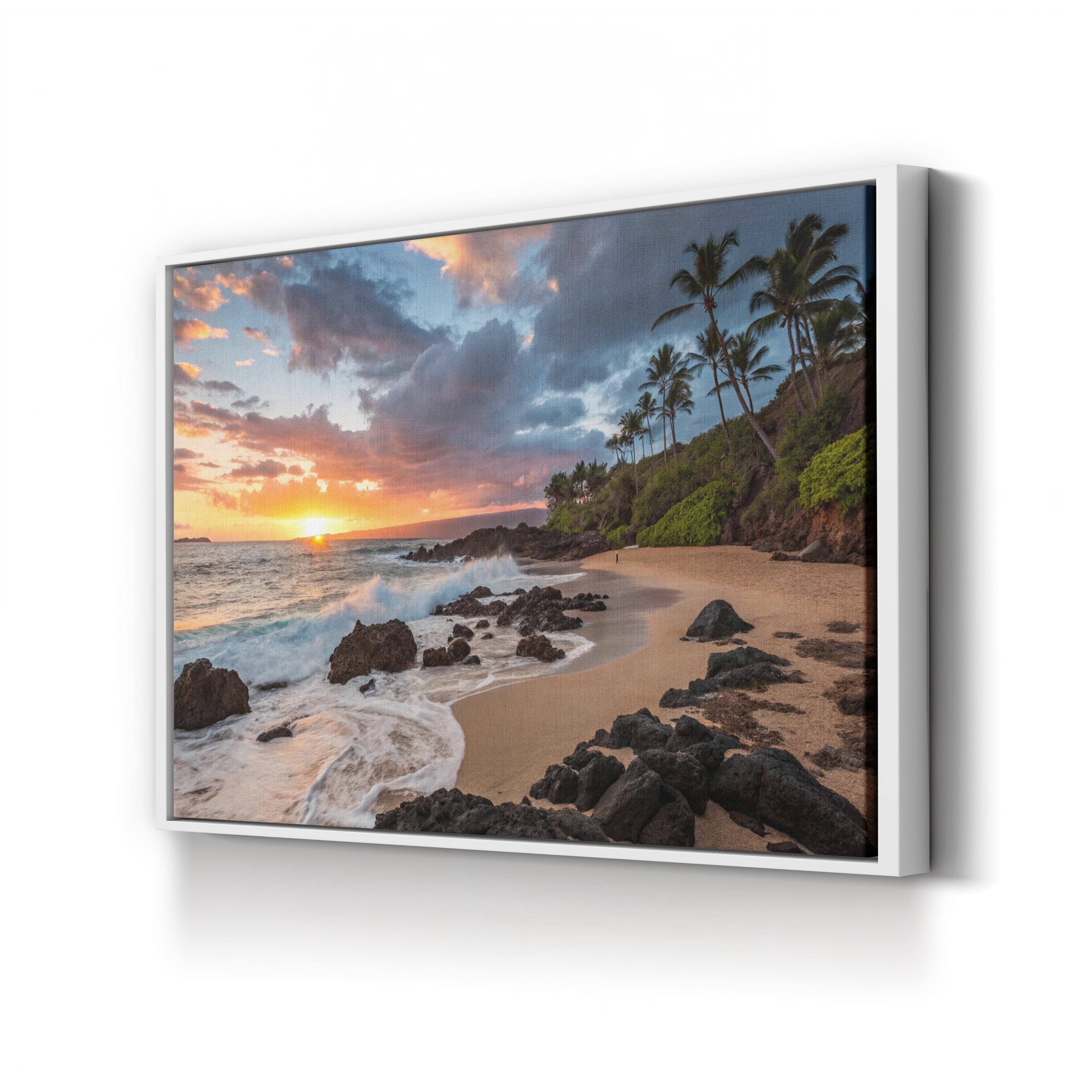 Secret Beach Kauai Hawaii Sunset Beach Canvas Art: Sunset Ocean Wave Photography, Coastal Decor