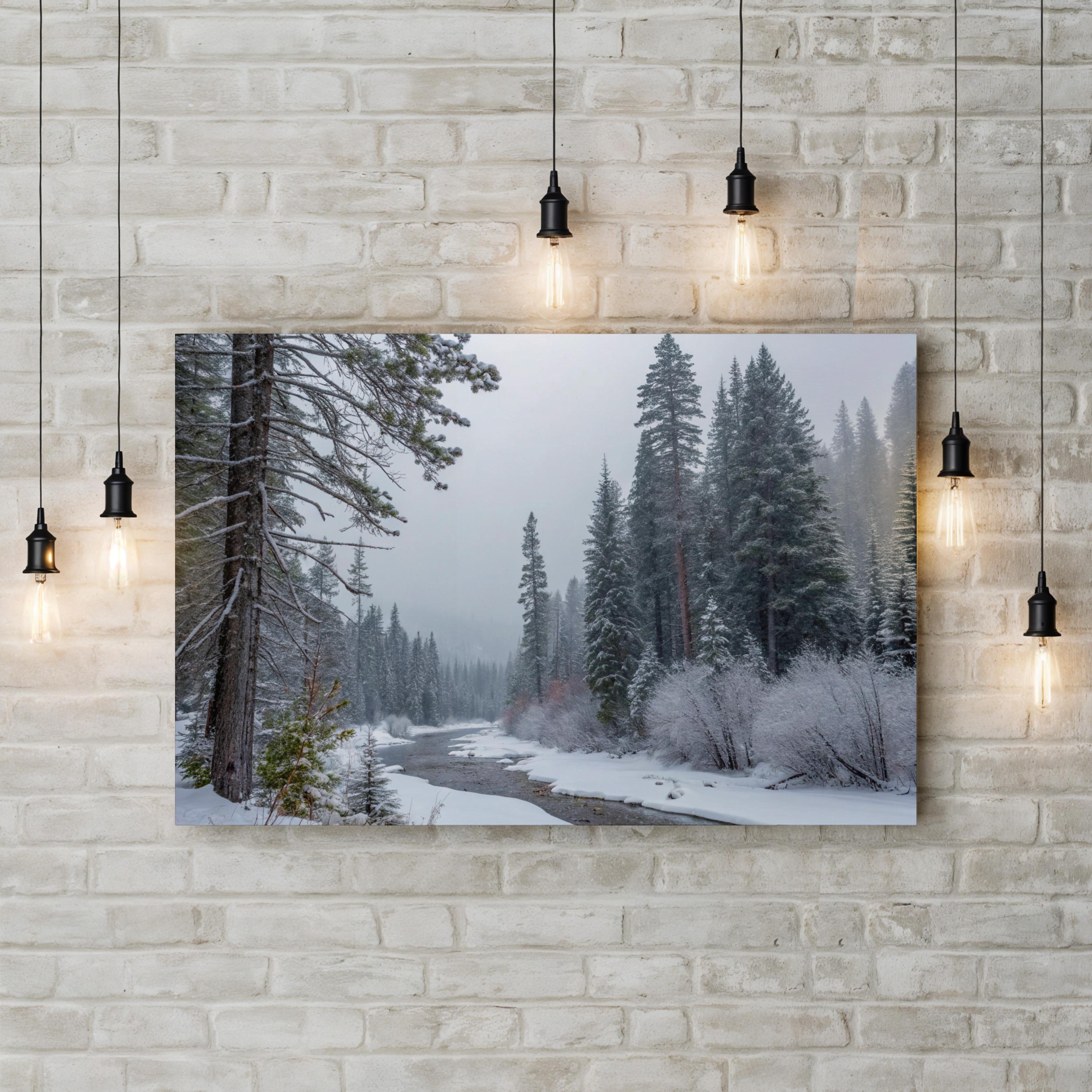 Snowy Creek Winter Forest – Vintage Photography Wall Art | Cozy Landscape Canvas Print