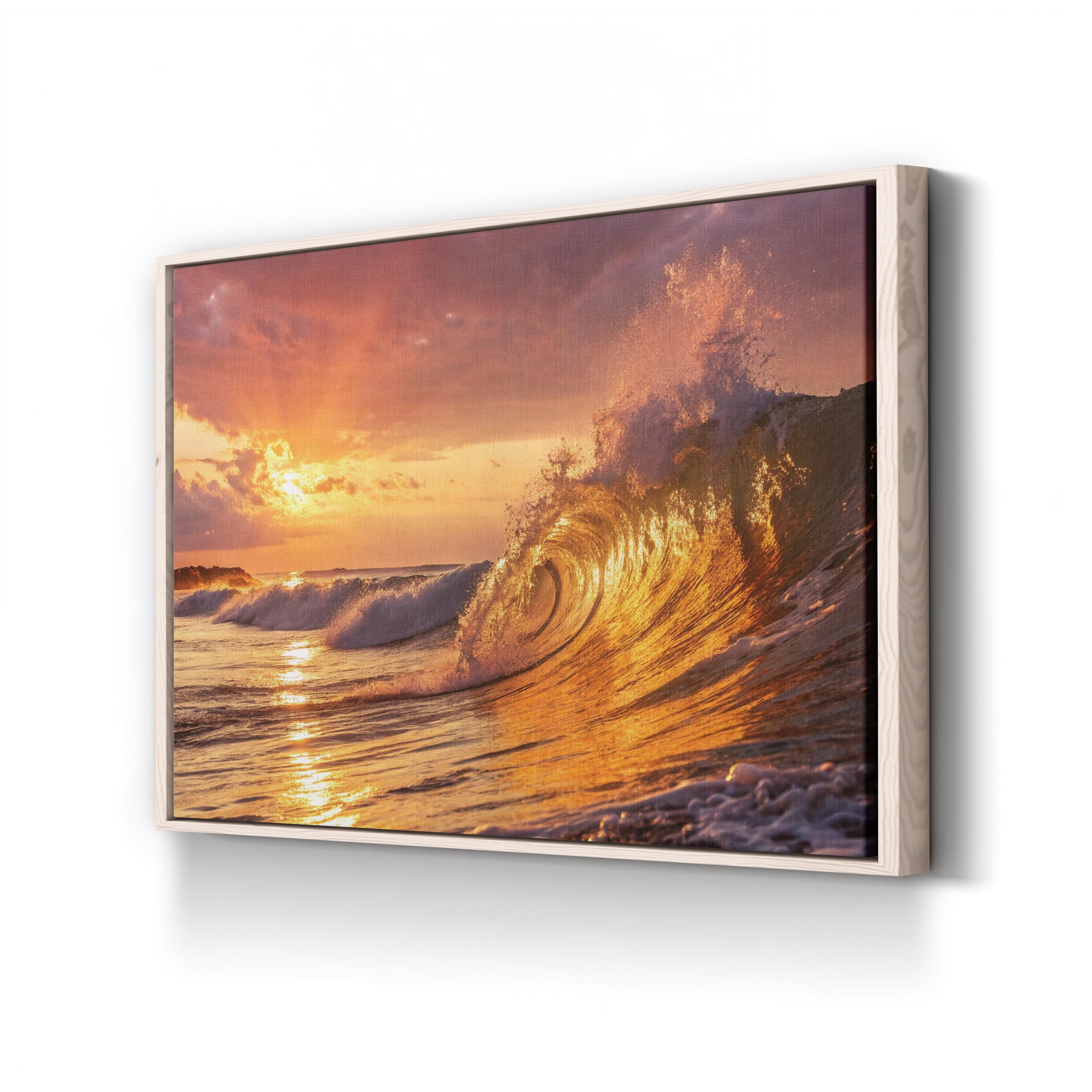 Golden Ocean Wave Canvas Wall Art: Coastal Beach House Statement Piece