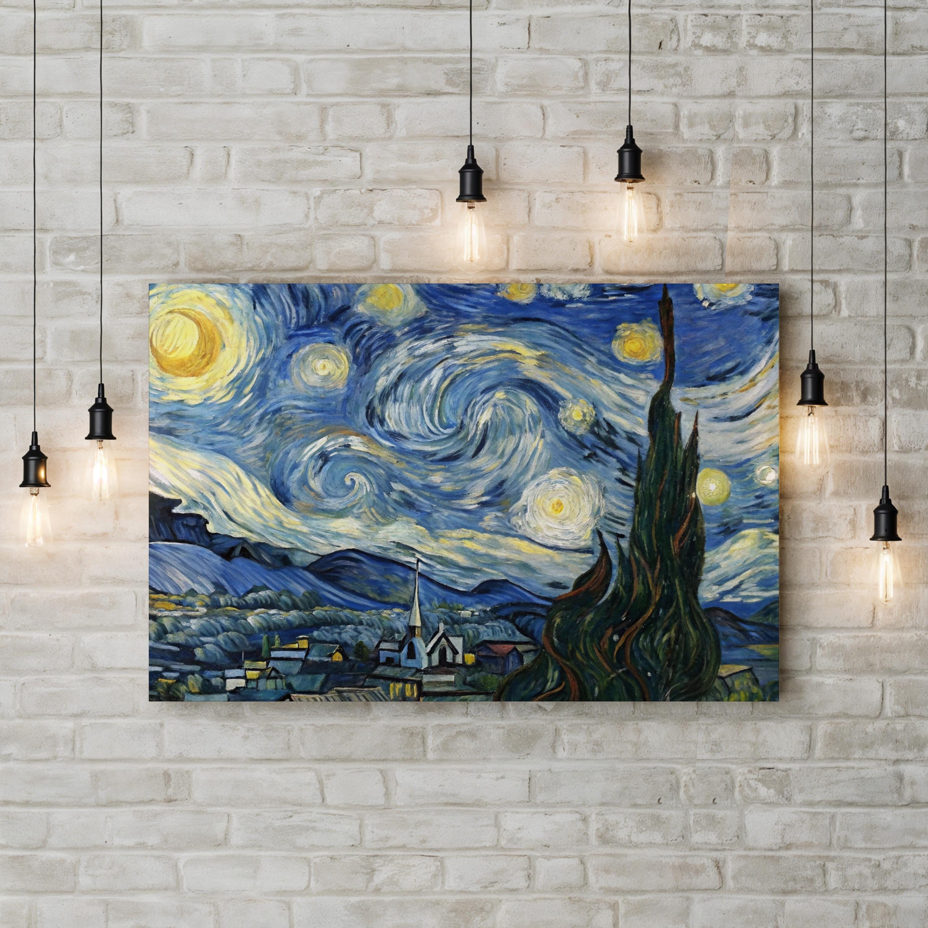 The Starry Night by Vincent van Gogh canvas print displayed on a brick accent wall