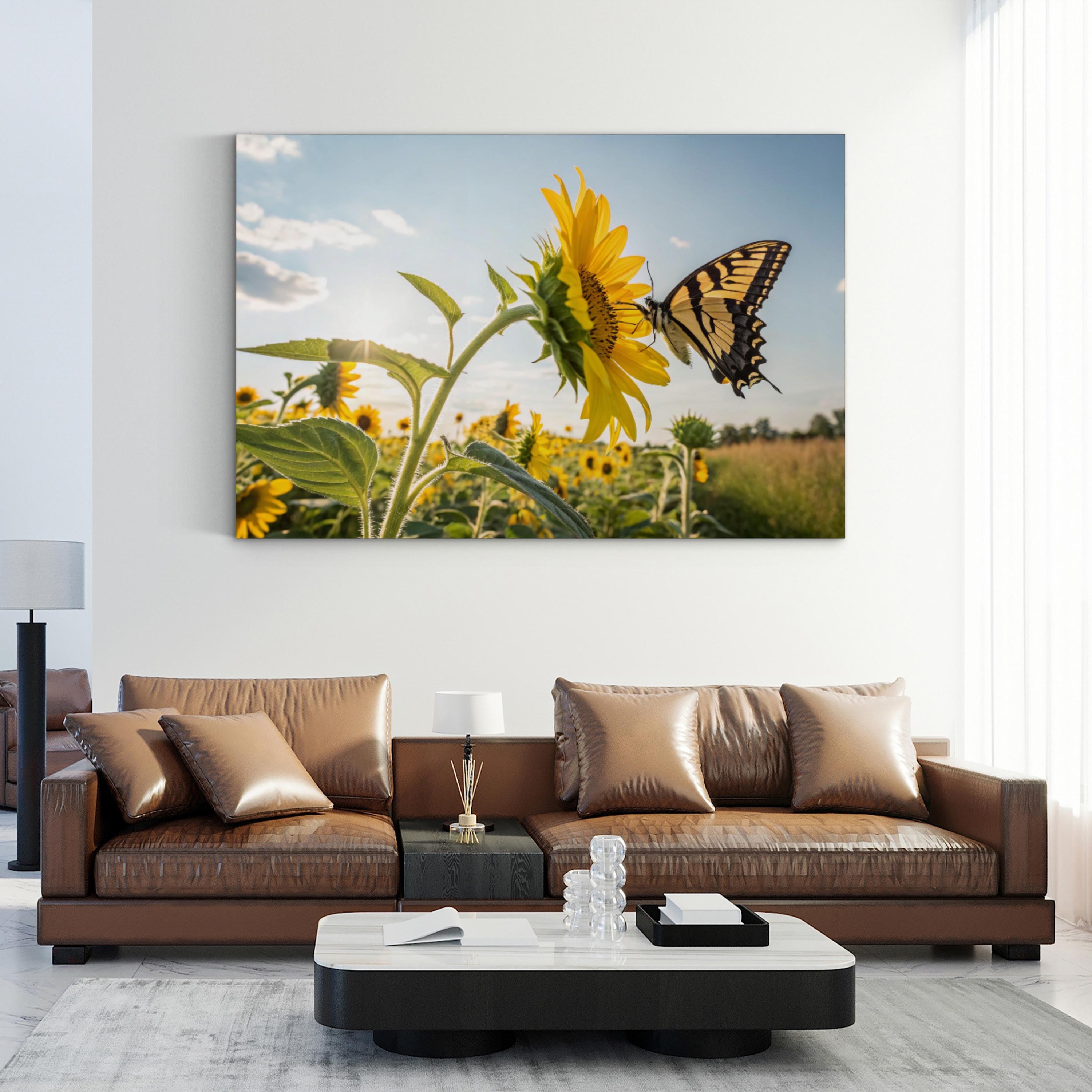 Sunflower & Butterfly – Vintage Photography Wall Art | Sunlit Field Canvas Print