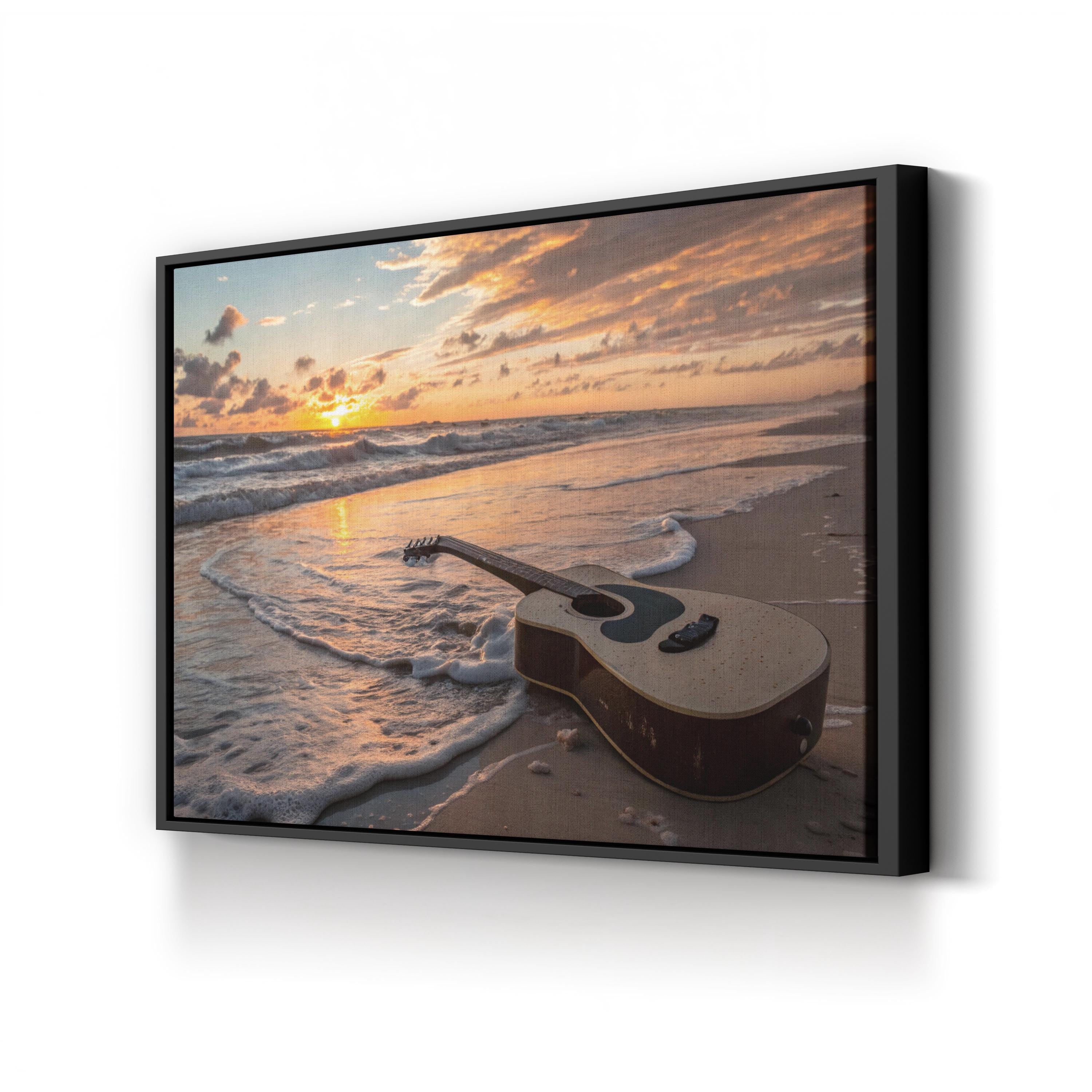 Sunset Guitar Wall Art | Ocean Beach Landscape Canvas Print