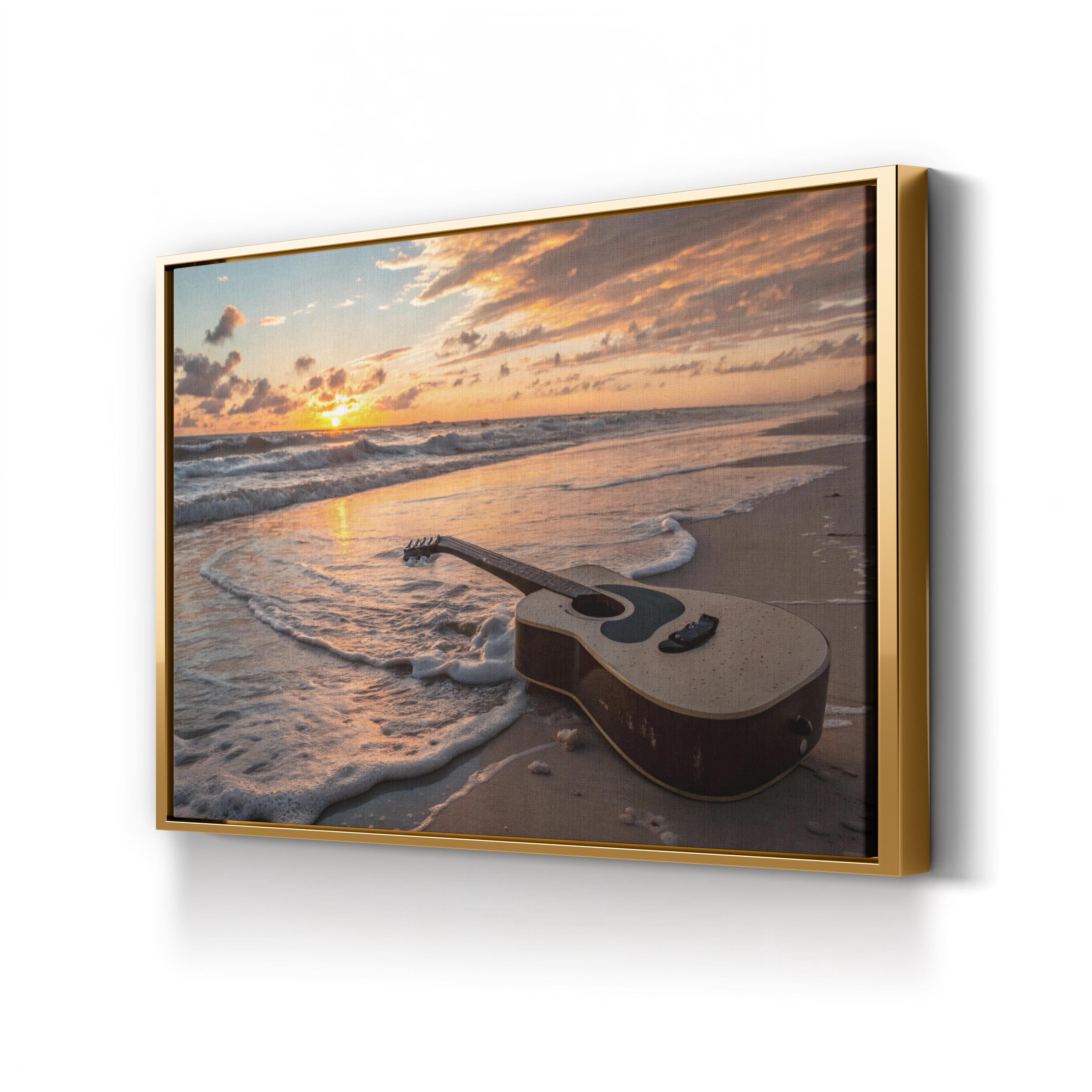 Sunset Guitar Wall Art | Ocean Beach Landscape Canvas Print