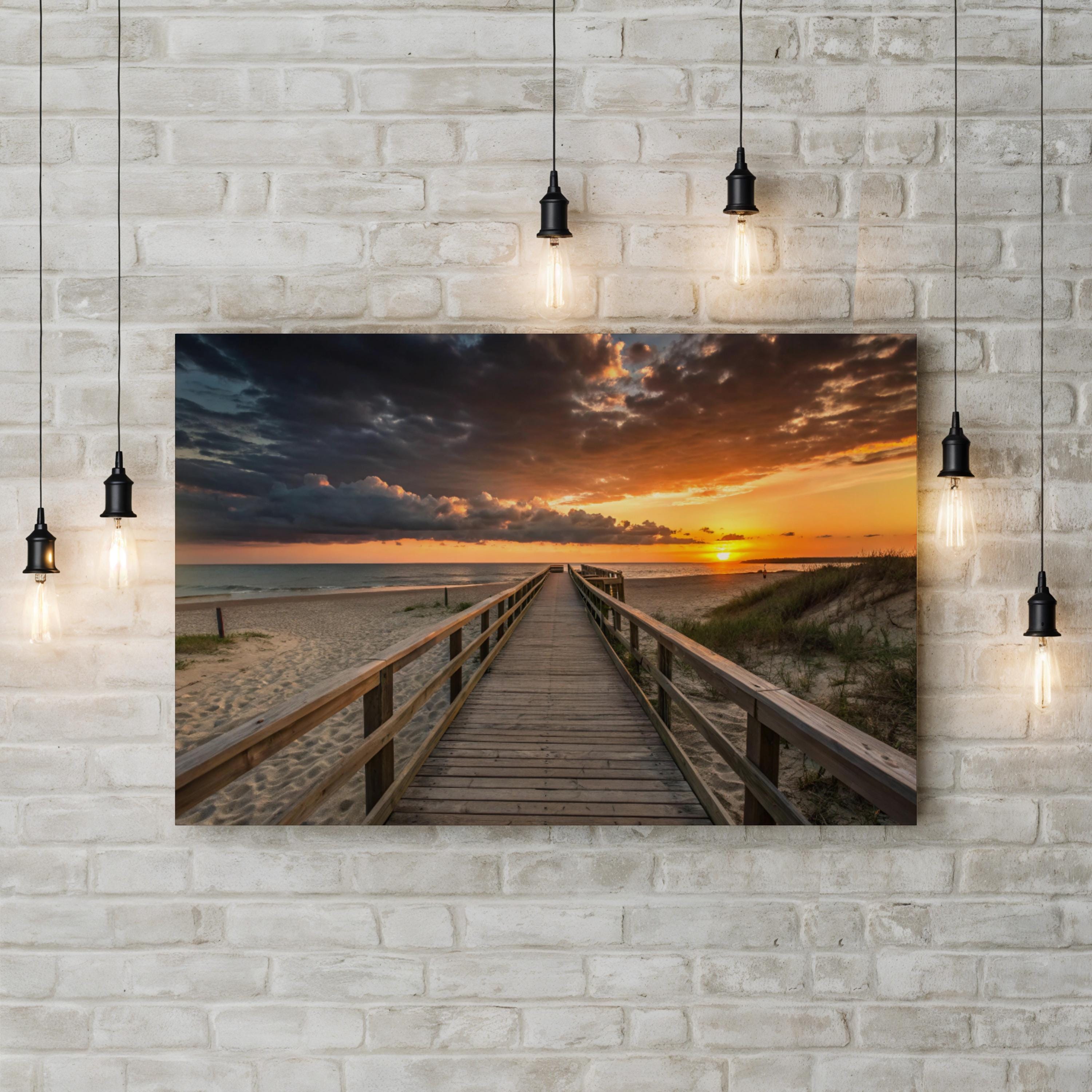 Sunset Beach Boardwalk – Vintage Photography Wall Art | Golden Ocean Canvas Print