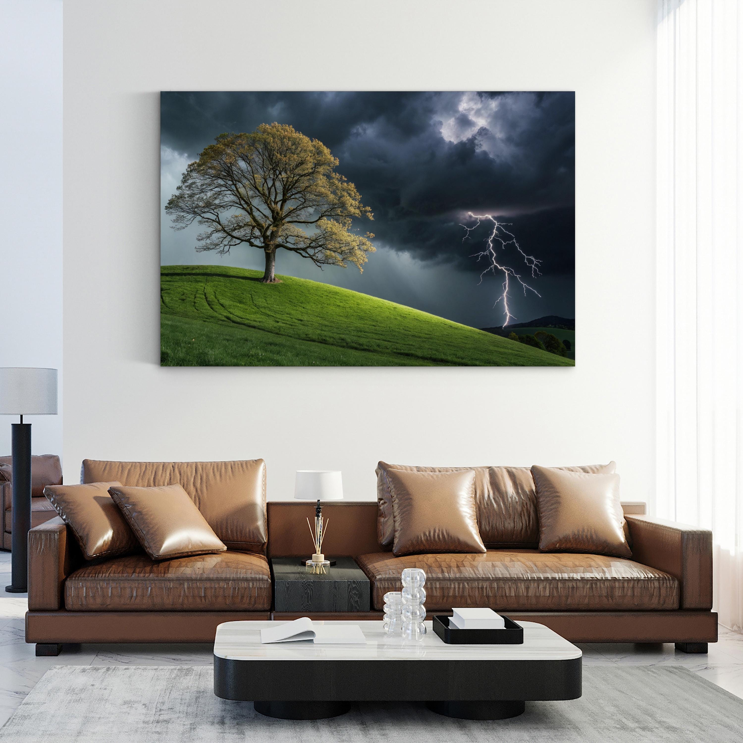 Solitary Tree Lightning Storm – Vintage Photography Wall Art | Dramatic Landscape Canvas Print