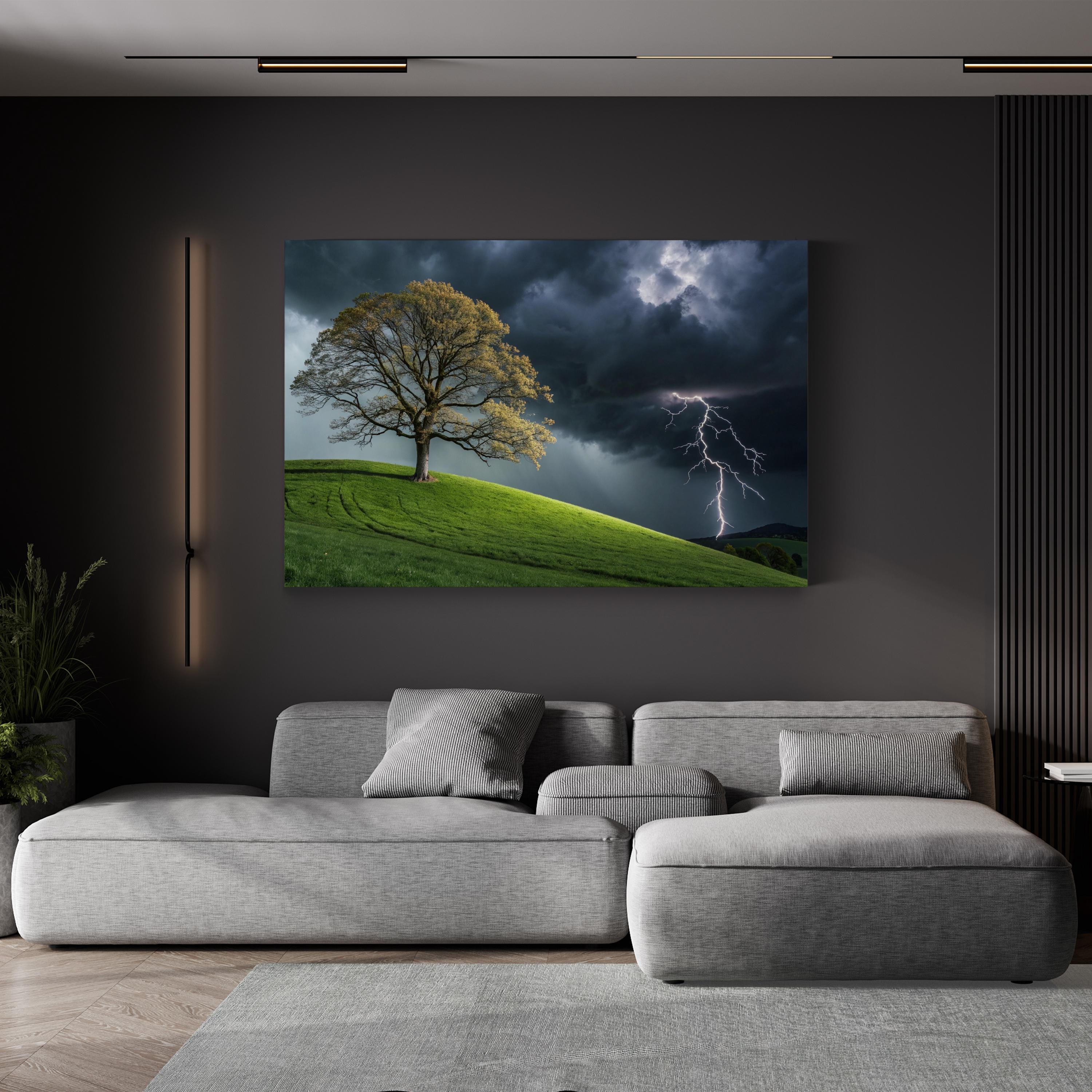 Solitary Tree Lightning Storm – Vintage Photography Wall Art | Dramatic Landscape Canvas Print