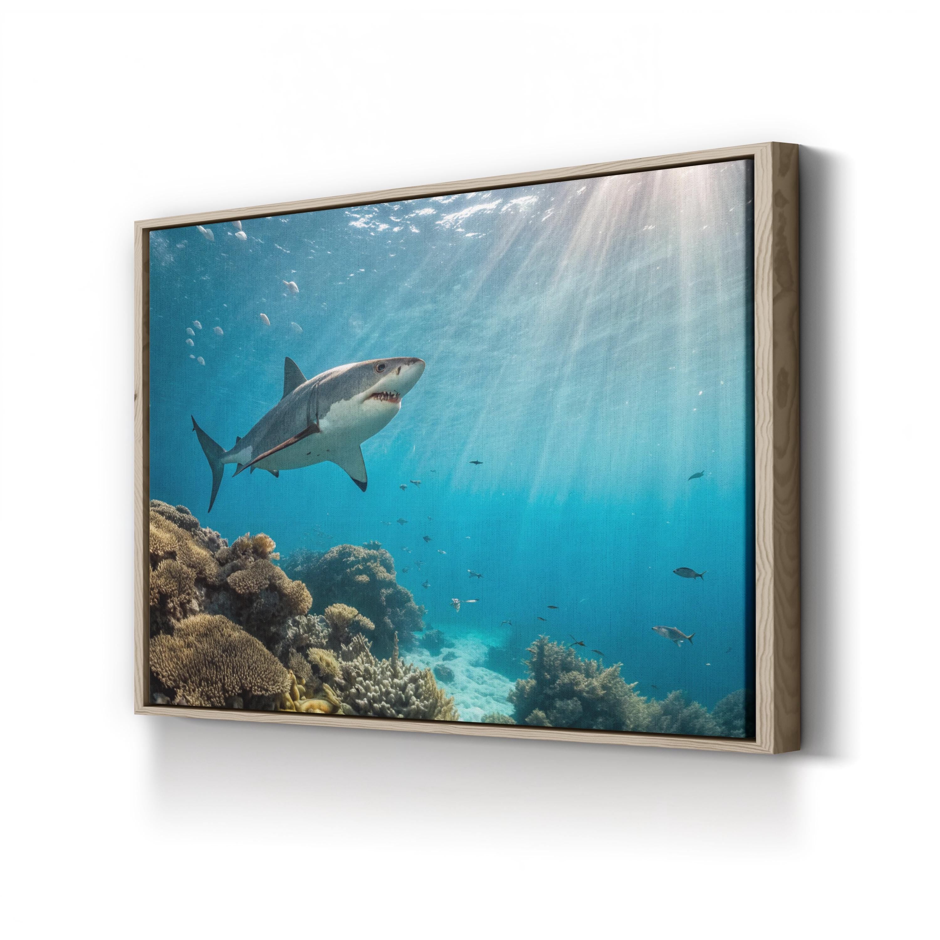 Underwater Terror, Coral Reef — Great White Shark Ocean Wildlife Canvas Wall Art