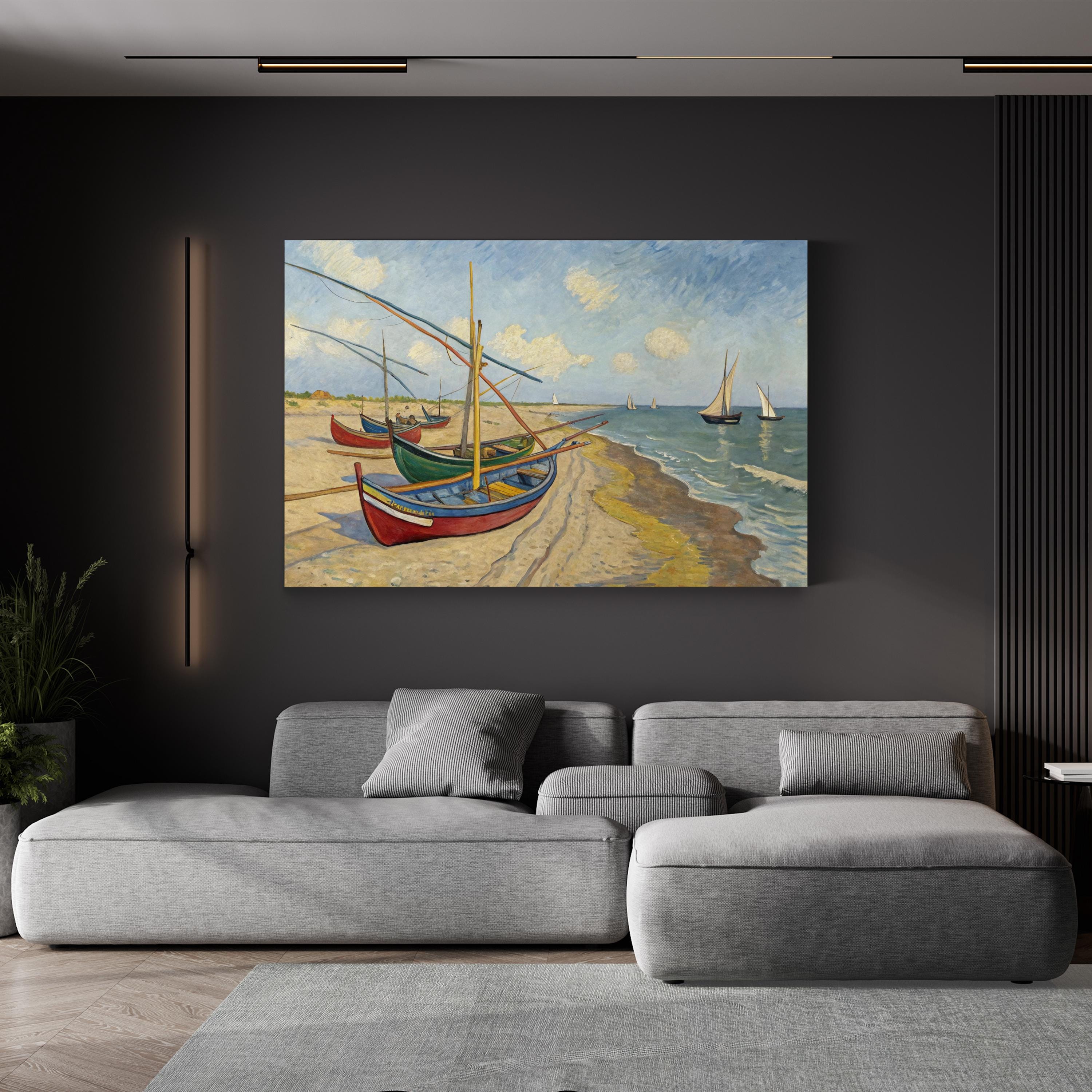 Fishing Boats on the Beach at Les Saintes-Maries-de-la-Mer by Vincent van Gogh canvas print displayed in a living room