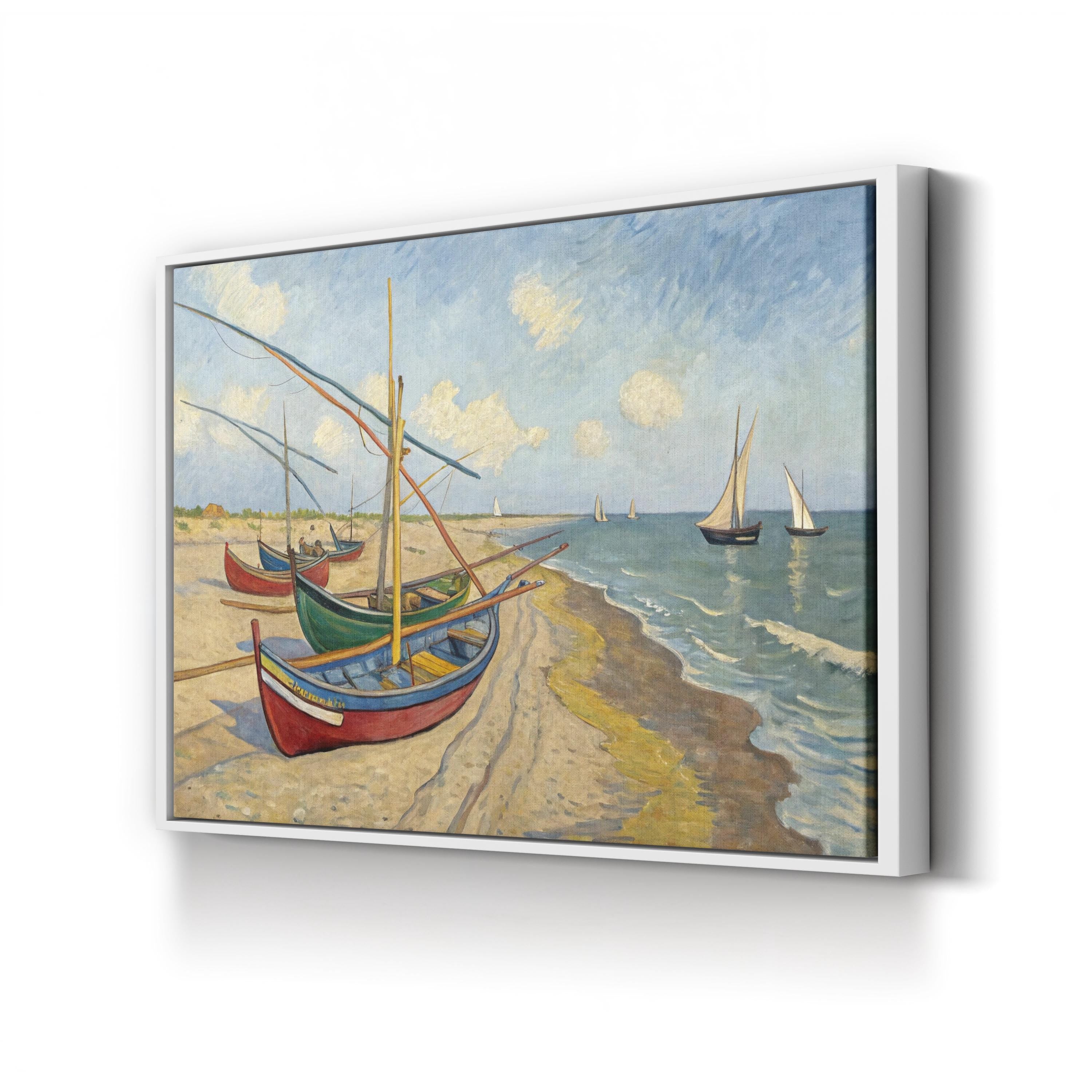 Fishing Boats on the Beach at Les Saintes-Maries-de-la-Mer by Vincent van Gogh canvas print in white frame