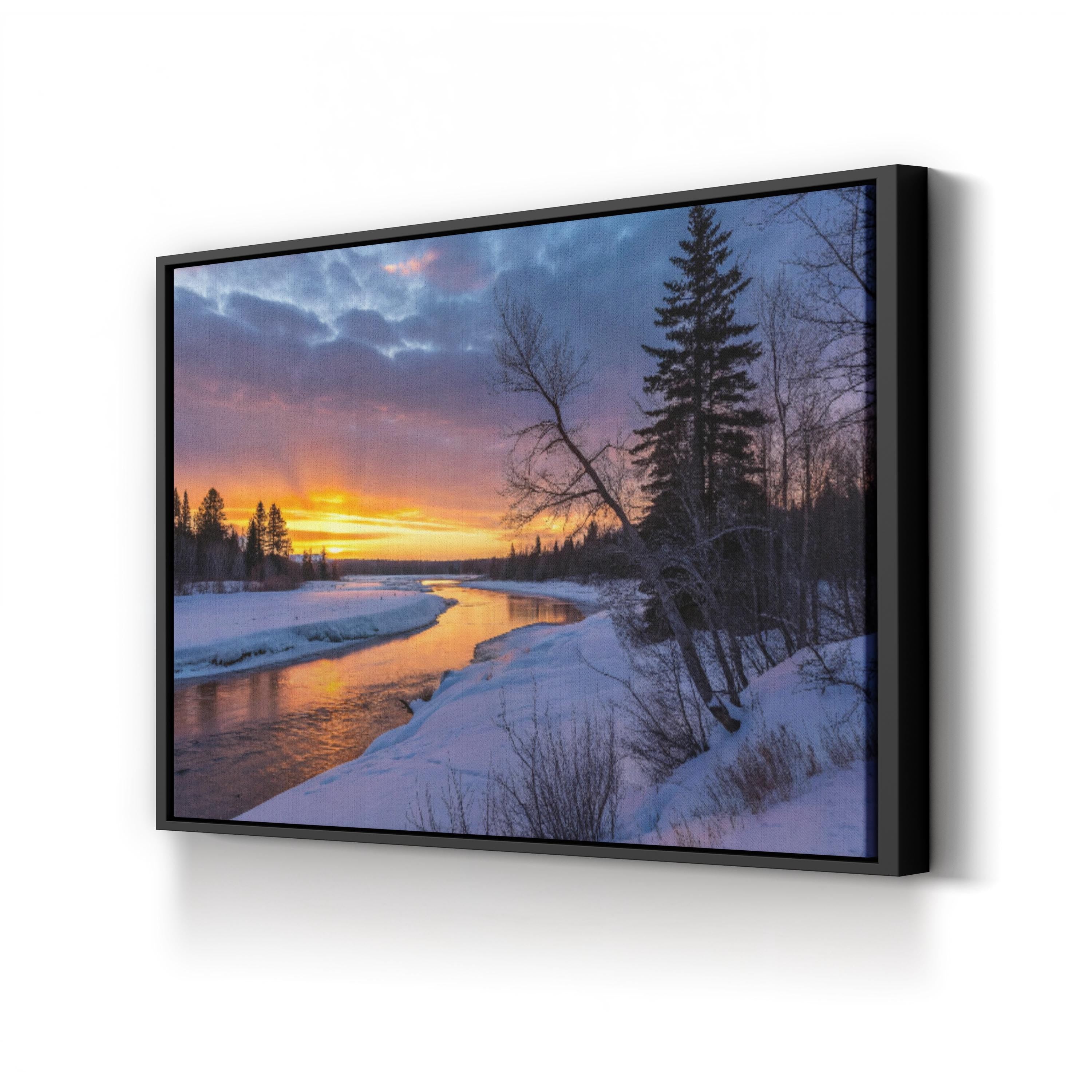 Winter Twilight River – Vintage Photography Wall Art | Snowy Landscape Canvas Print
